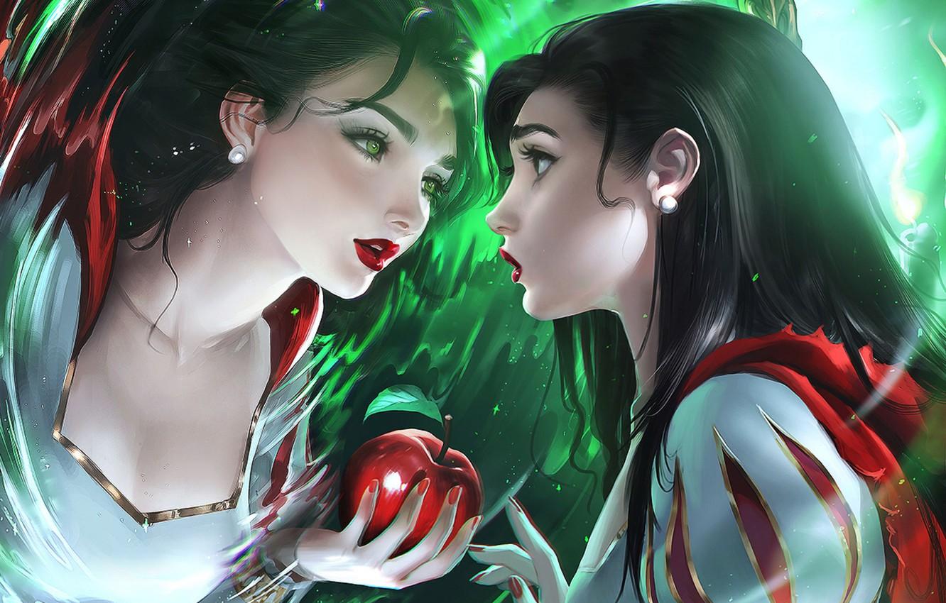 1332x850 Wallpaper apple, anime, disney, reflection, mirror, anime girl, tale, magic mirror, childish story, snow White image for desktop, section сэйнэн