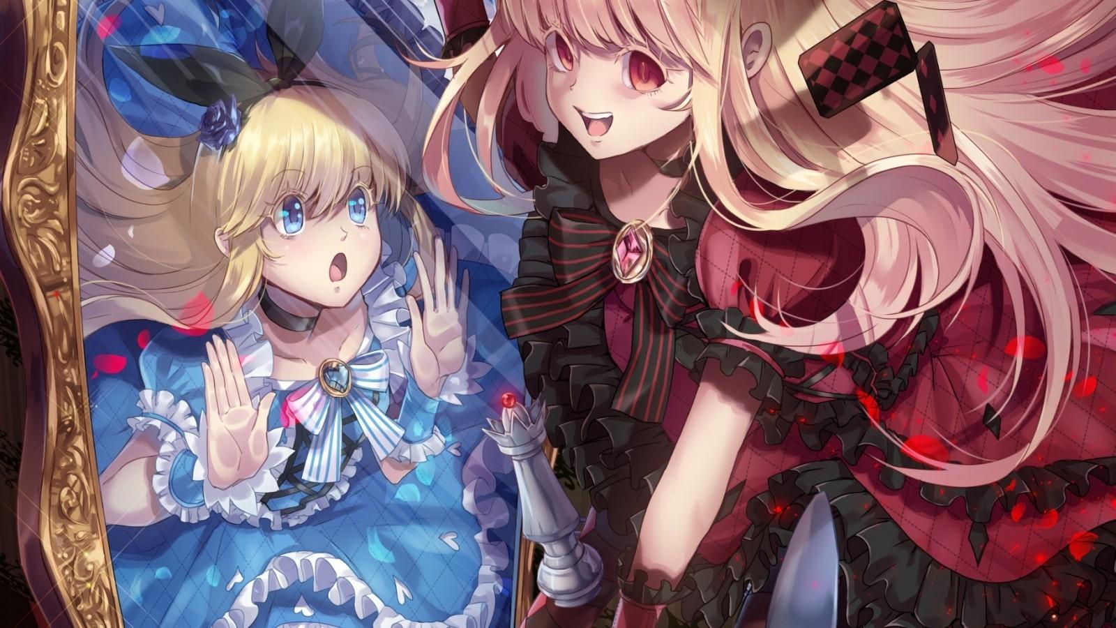 1600x900 Download 1600x900 Anime Girl, Blonde, Alice In Wonderland, Dress, Mirror Wallpaper