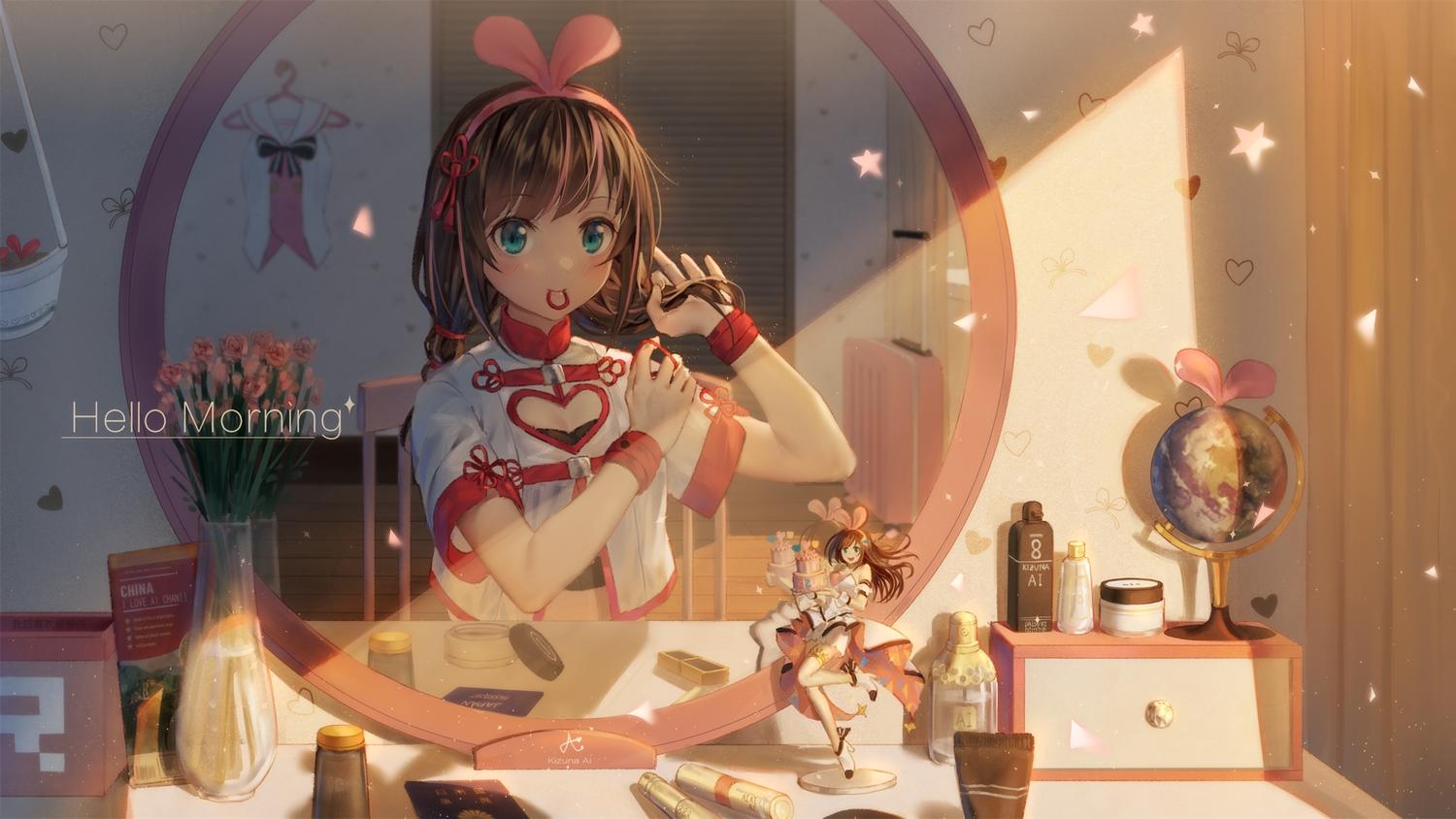 1500x844 a.i. channel blush brown hair chinese clothes earth flowers green eyes headband ji dao ji kizuna ai mirror planet reflection twintails wristwear. konachan.com.com Anime Wallpaper