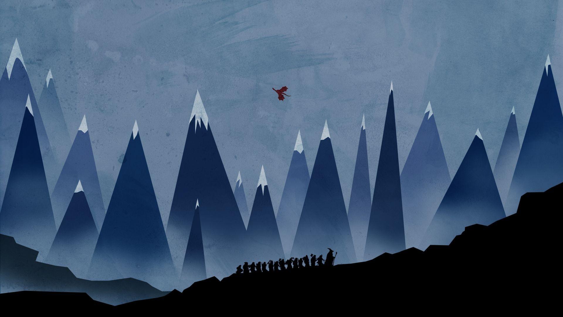 1920x1080 #abstract, #mountains, #minimalism, #dragon, #silhouette, #Smaug, #fantasy art, #Gandalf, #The Hobbit, #artwork, wallpaper HD Wallpaper