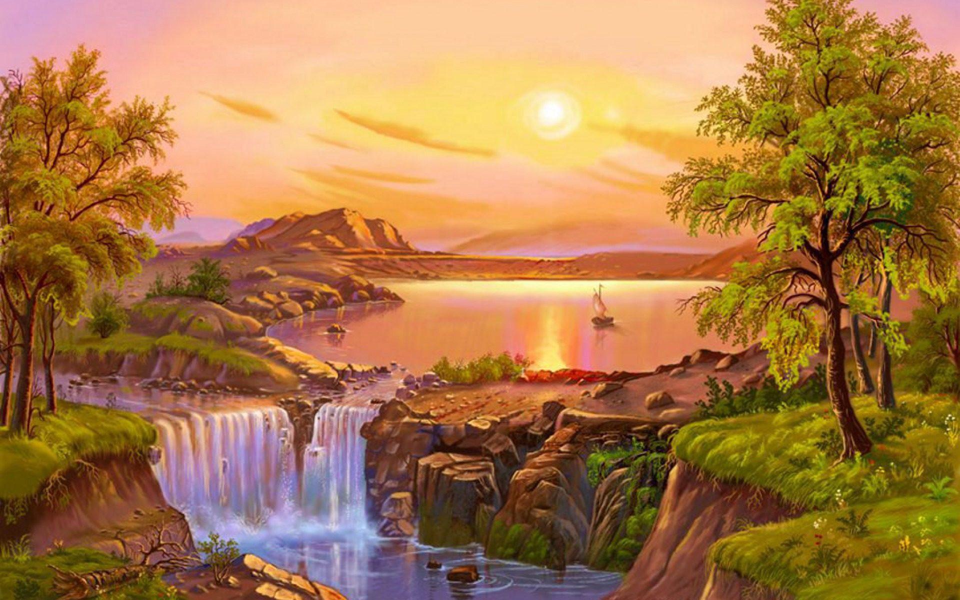 1920x1200 Beautiful Landscape Summer Painting River Lake Waterfall Art Image Desktop HD Wallpaper :