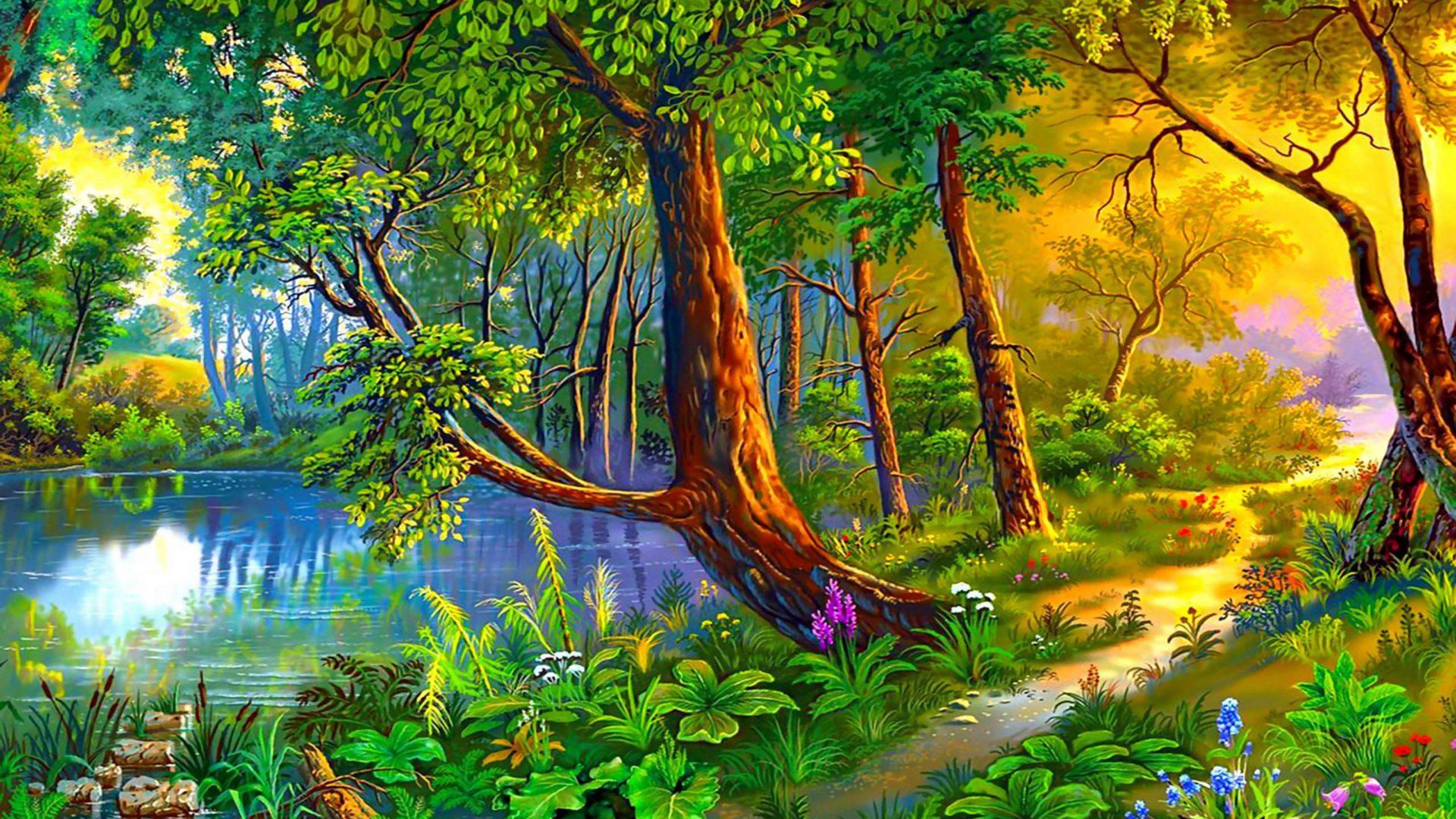 1920x1080 Beautiful Landscape Art Image Summer Painting Forest Trees Path River Forest Flowers Desktop HD Wallpaper For Your Computer :