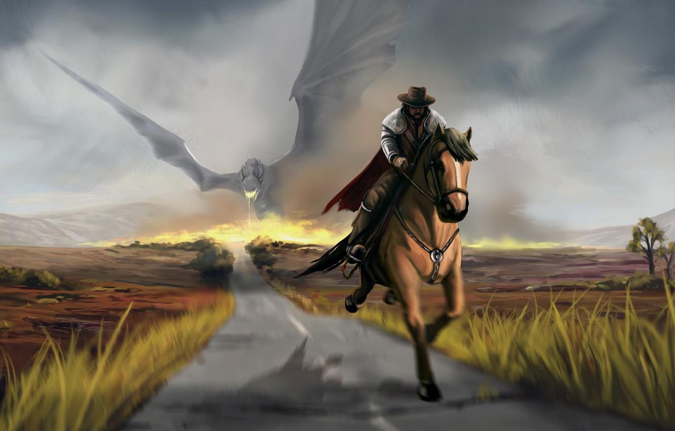 1332x850 Wallpaper road, horse, fantastic. art, dragon. wings, jump. cowboy. rider image for desktop, section фантастика