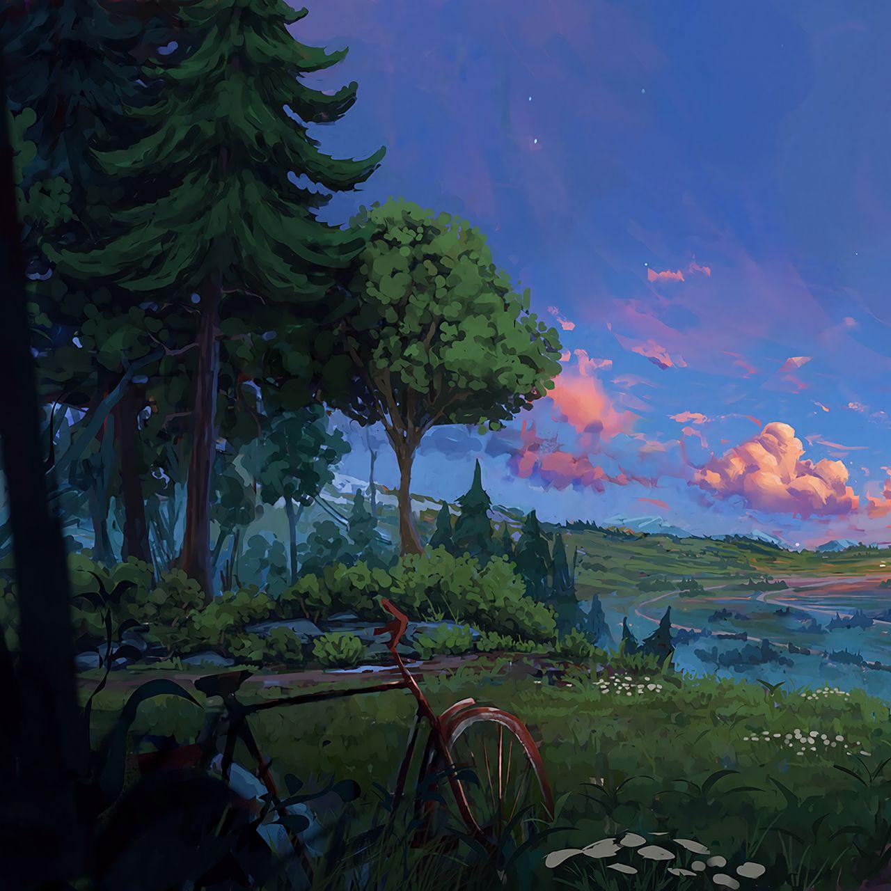 1280x1280 Download wallpaper 1280x1280 bicycle, trees, art, forest, landscape, summer ipad, ipad ipad mini for parallax HD background