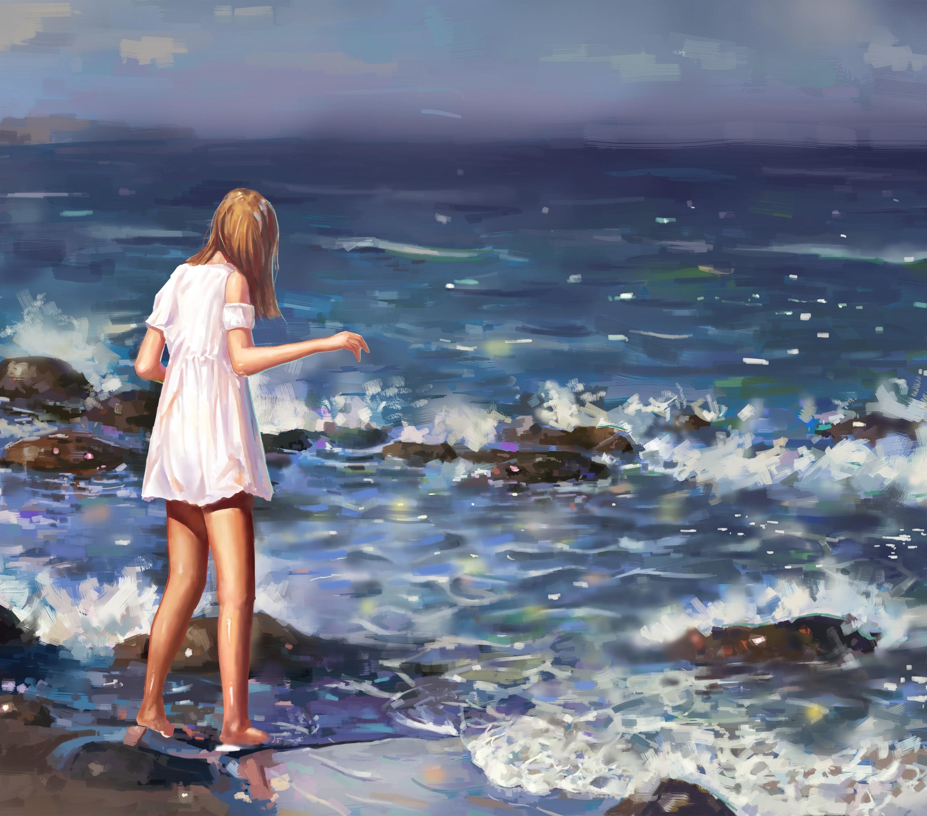 3000x2639 Download 3000x2639 Anime Girl, Semi Realistic, Waves, Sea, Painting, Summer Dress, Rocks Wallpaper