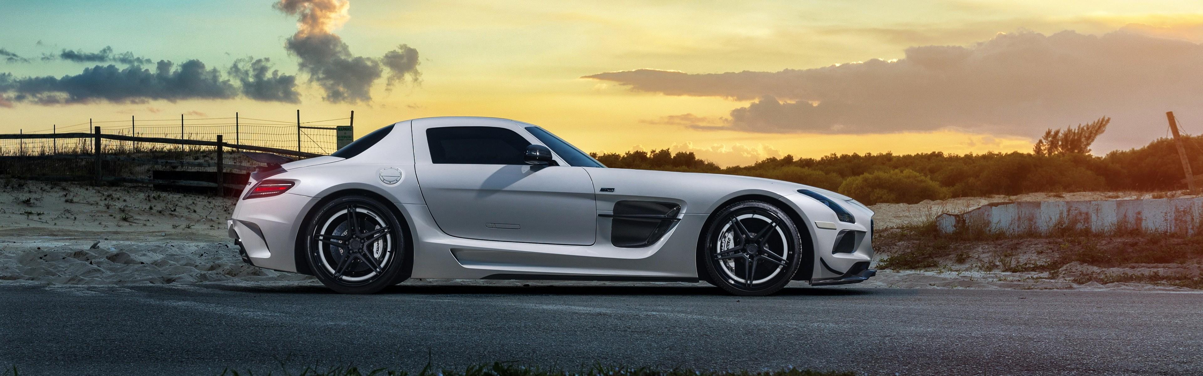 3840x1200 Mercedes Benz SLS AMG, Car, Sunset, Multiple Display Wallpaper HD / Desktop and Mobile Background