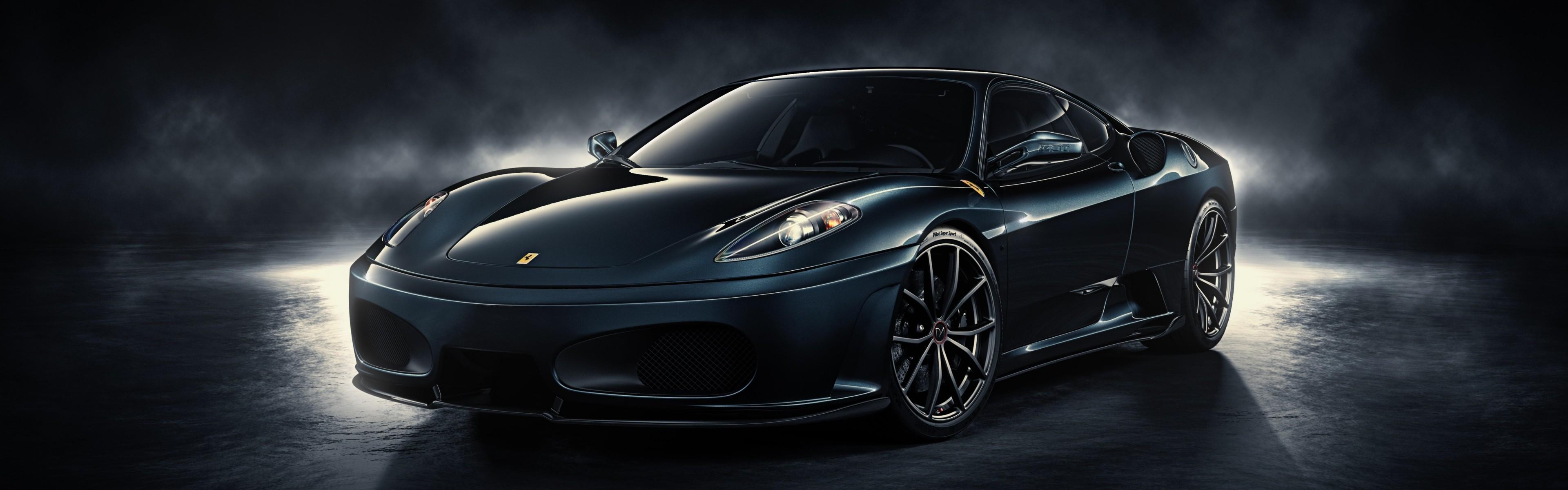 3840x1200 Download 3840x1200 Ferrari, Black, Fog, Lights, Front View, Cars Wallpaper