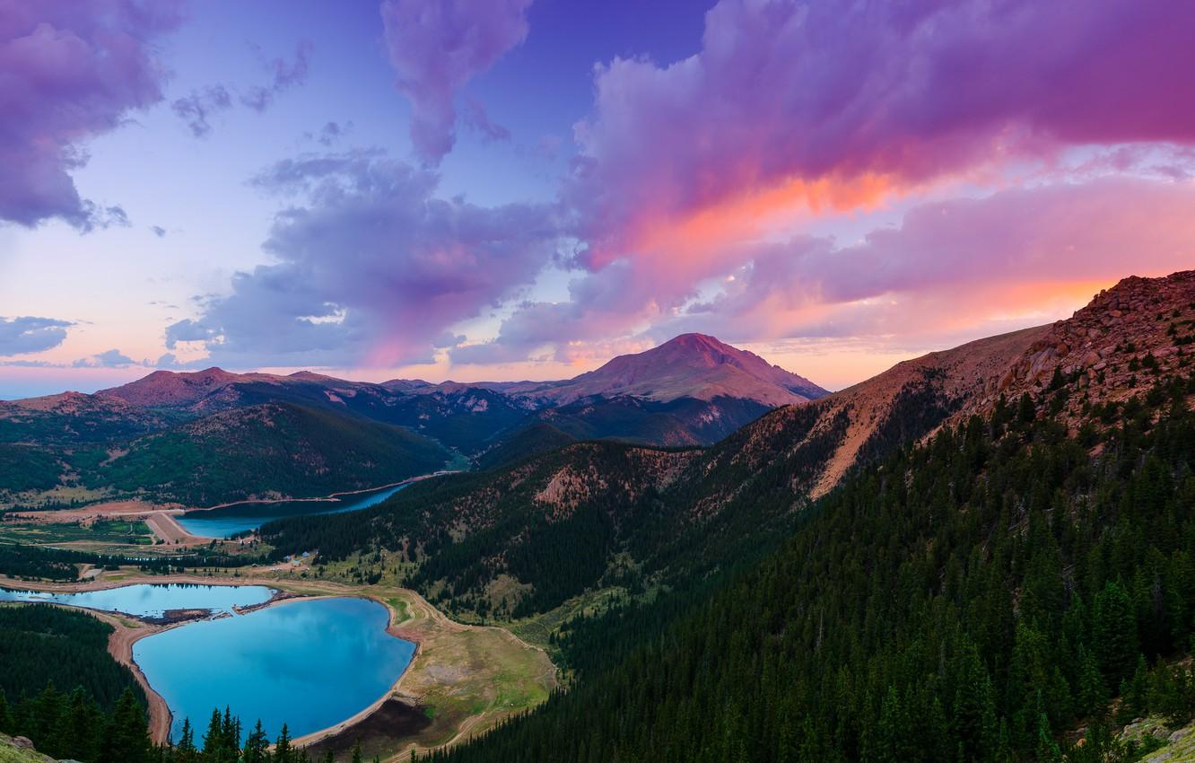 1332x850 Wallpaper forest, the sky, clouds, sunset, lake, USA, Colorado, pikes Peak image for desktop, section пейзажи