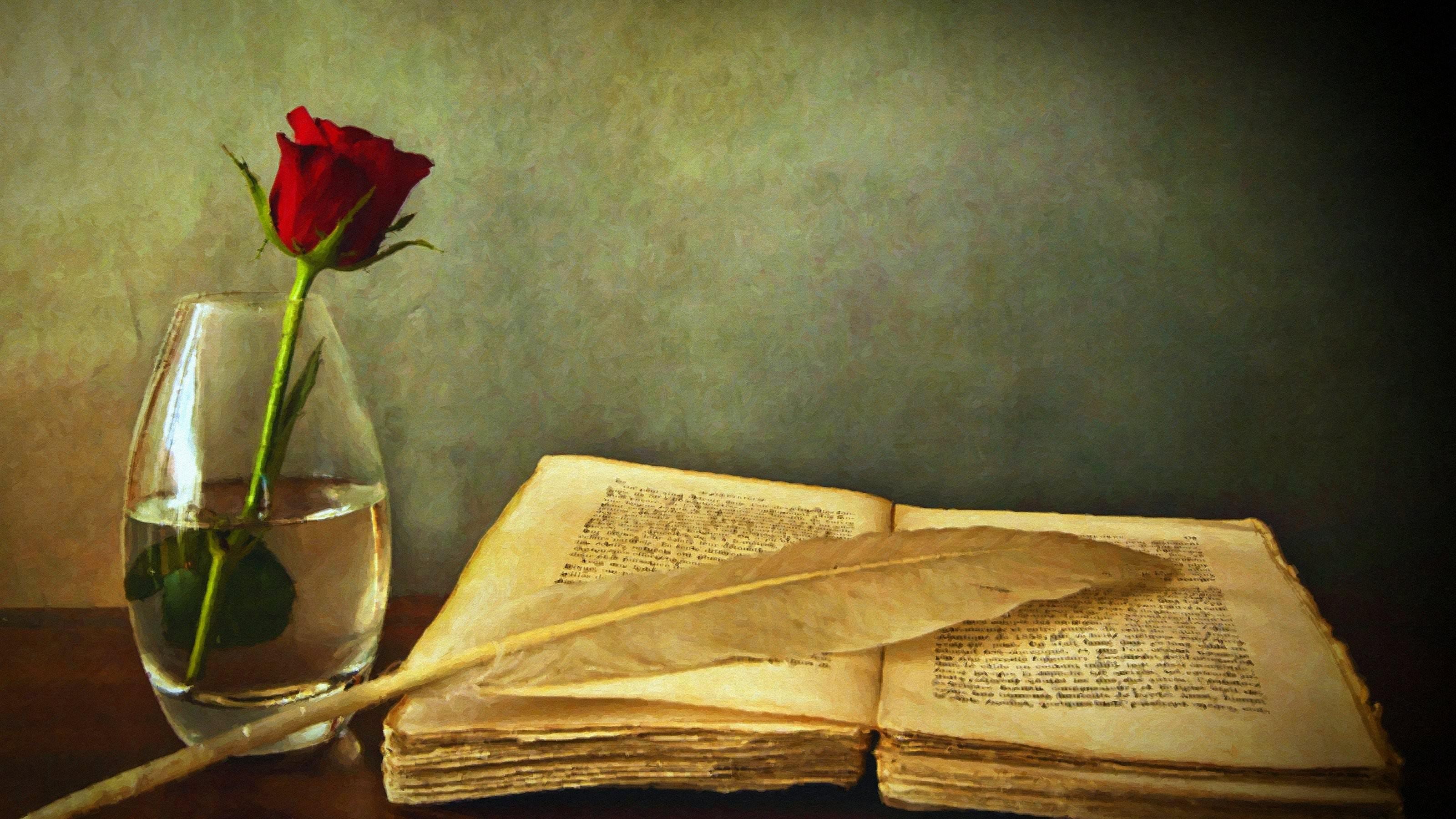 3200x1800 painting, flowers, artwork, vases, books, yellow, rose, red flowers, quills, ART, leaf, flower, modern art, macro photography, still life, still life photography HD Wallpaper
