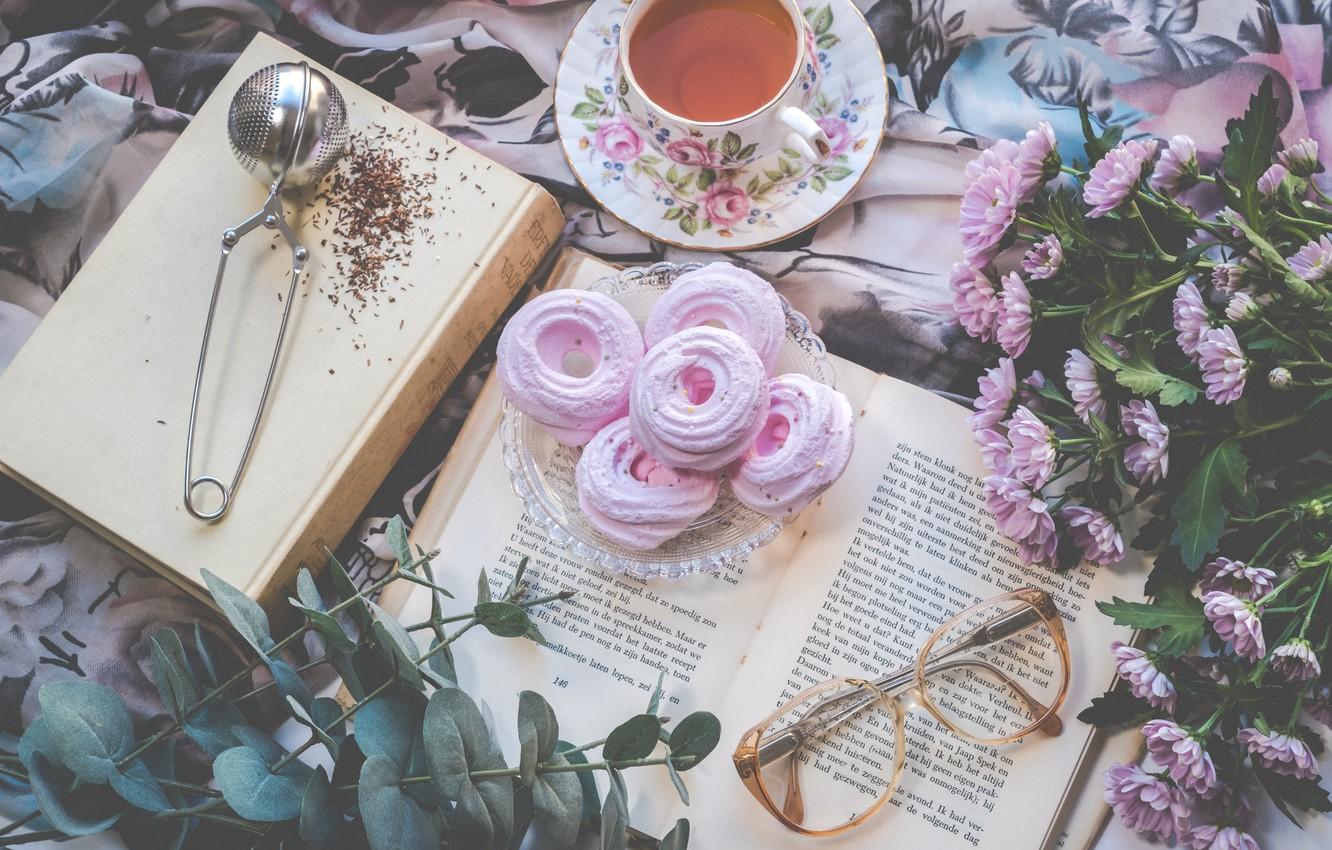 1332x850 Photo Wallpaper Flowers, Tea, Books, Marshmallows And Book Background