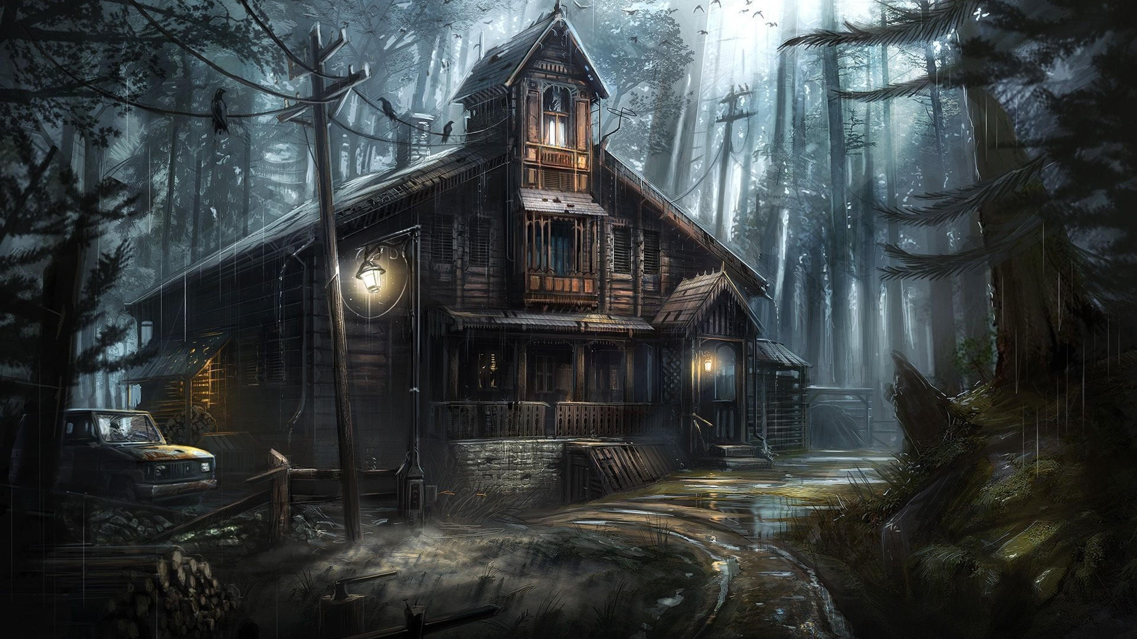 3840x2160 Download 3840x2160 Dark Forest, Crows, Haunted House, Horror Wallpaper for UHD TV