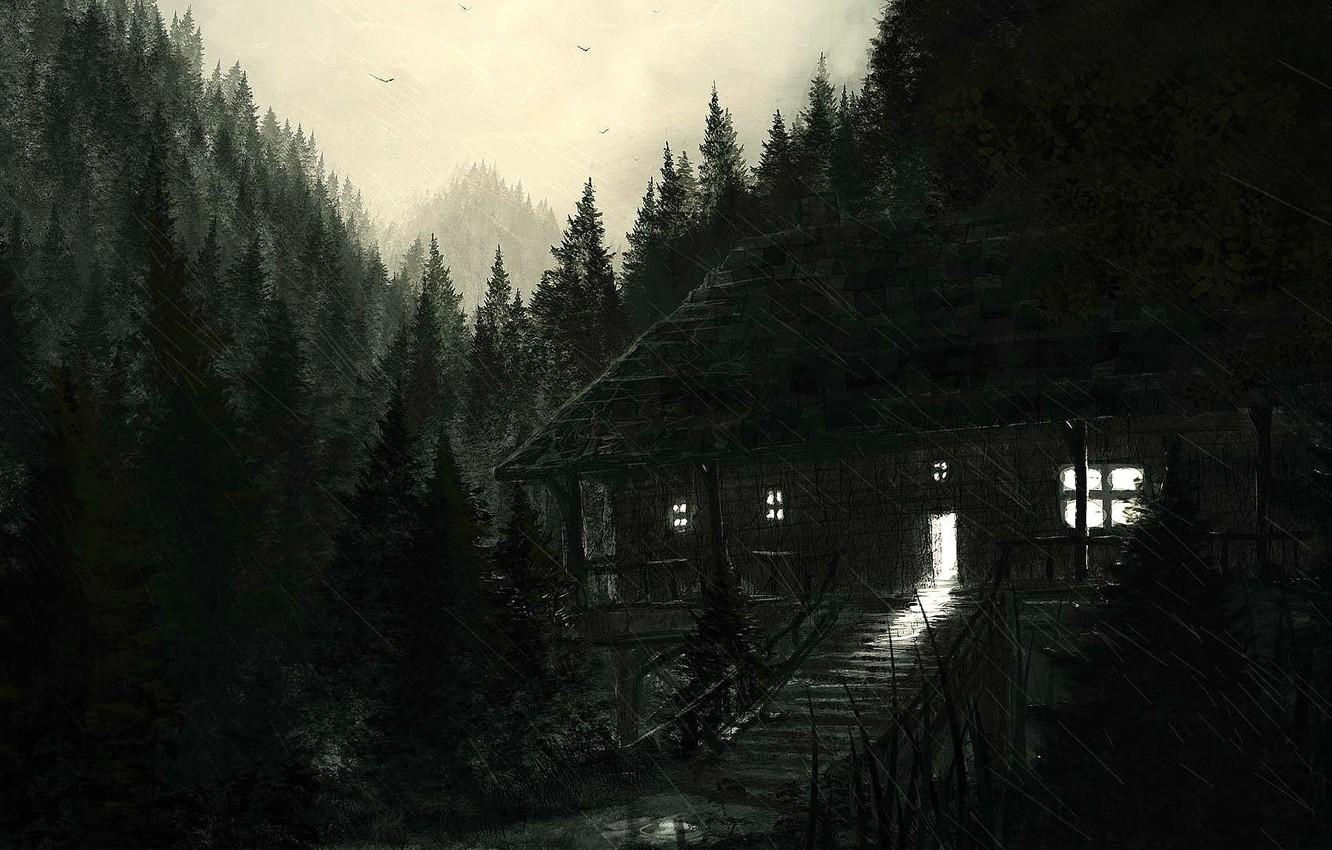 1332x850 Wallpaper black & white, dark, horror, forest, mountains image for desktop, section пейзажи
