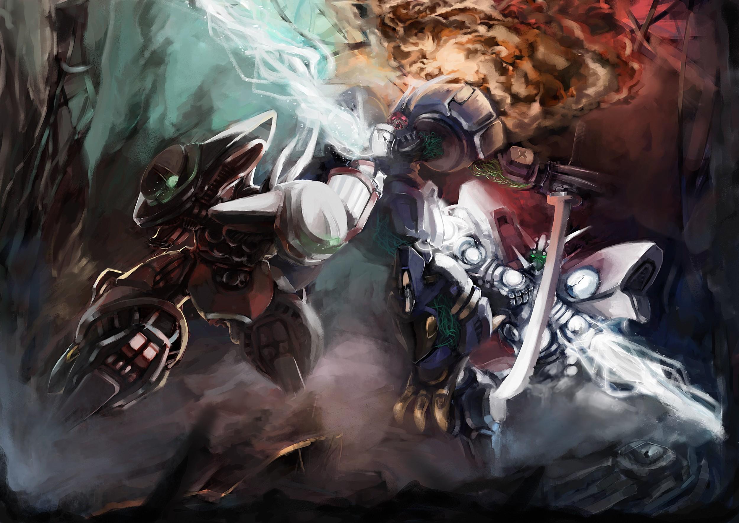 2500x1770 explosions, katana, mecha, electricity, Super Robot Wars Wallpaper /