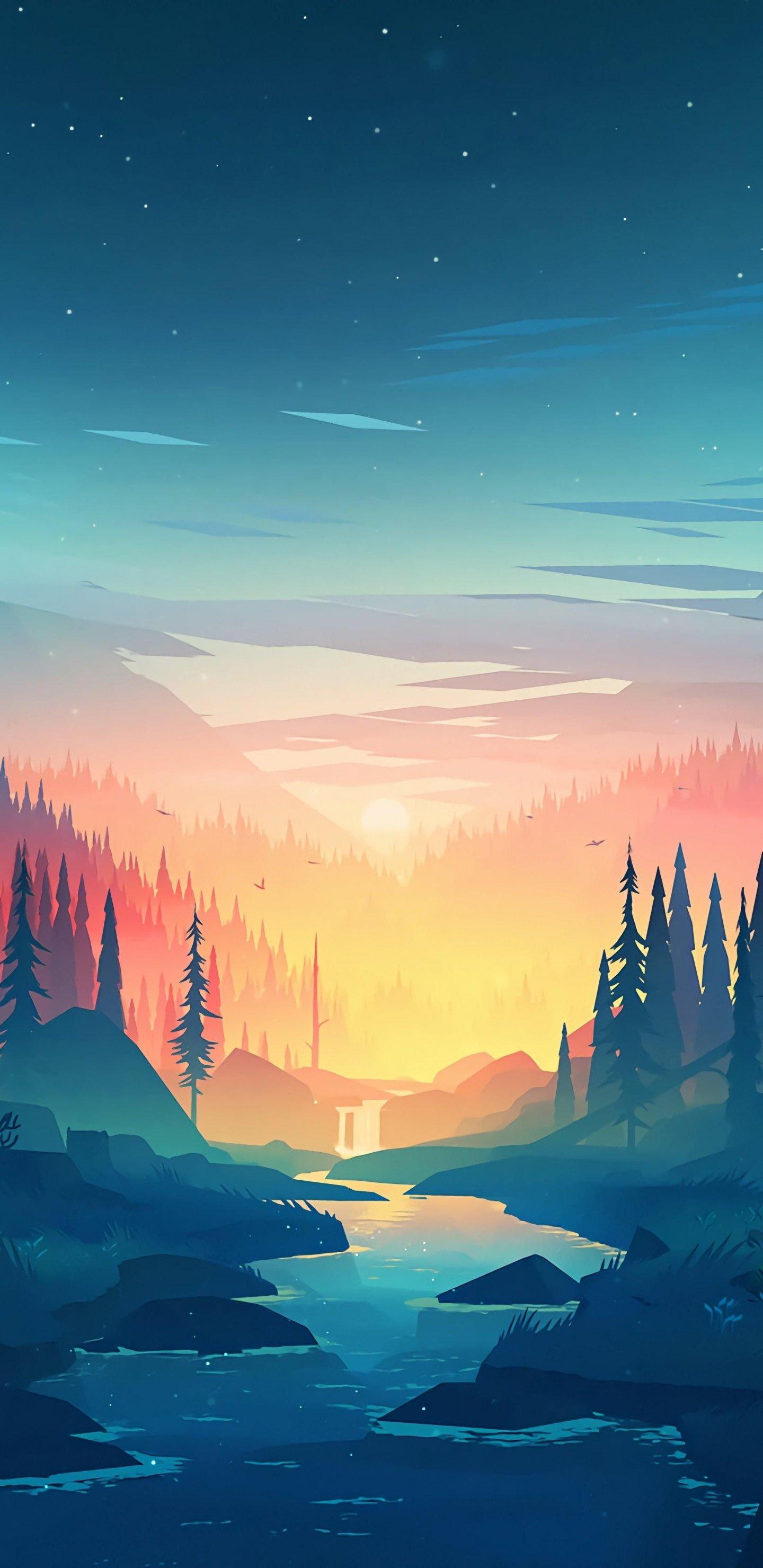 1440x2960 River Mountain 3D Desktop HD Wallpaper