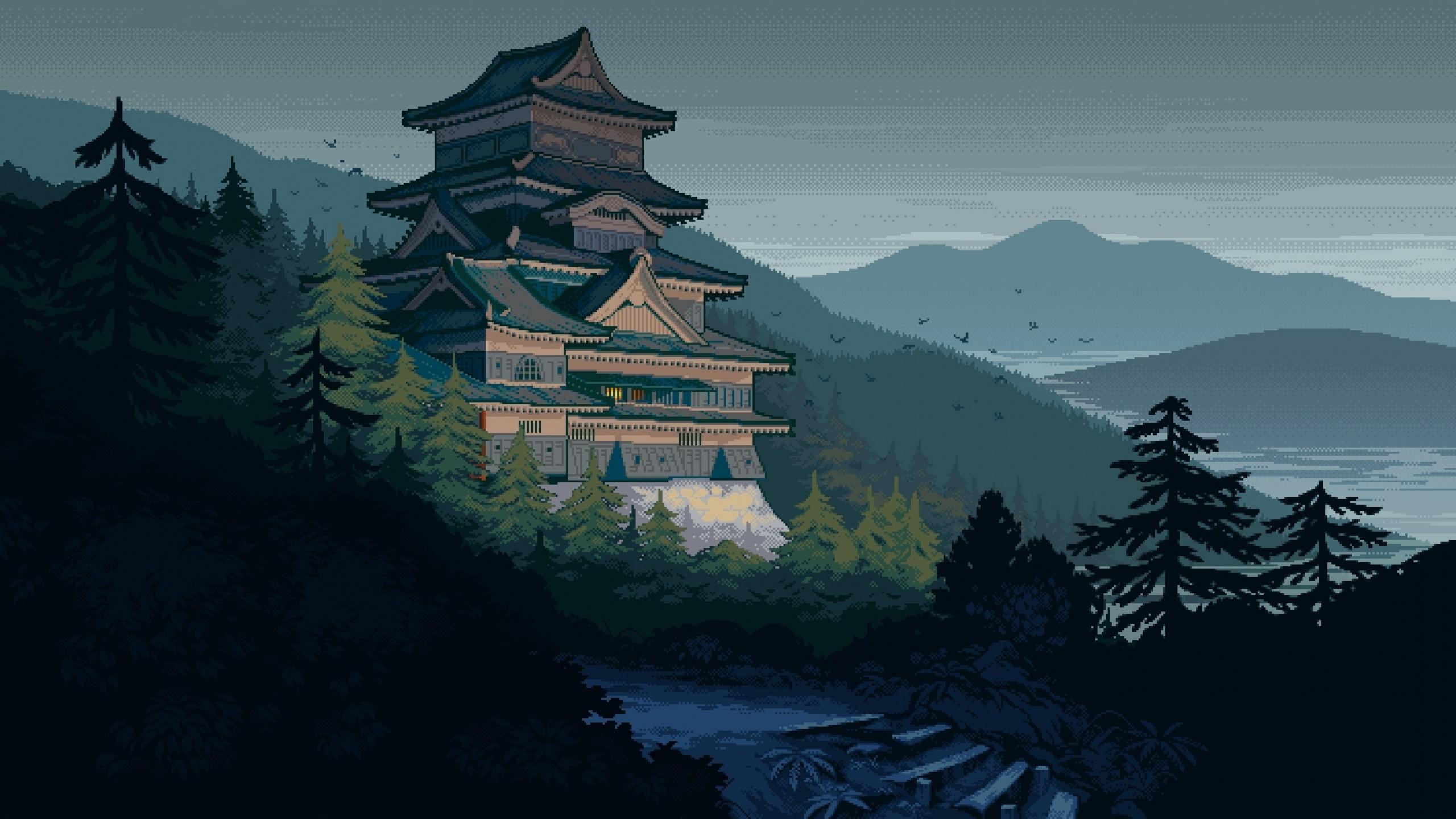 2560x1440 Download 2560x1440 Japanese House, Historical Building, Pixel Art, Mountain Wallpaper for iMac 27 inch