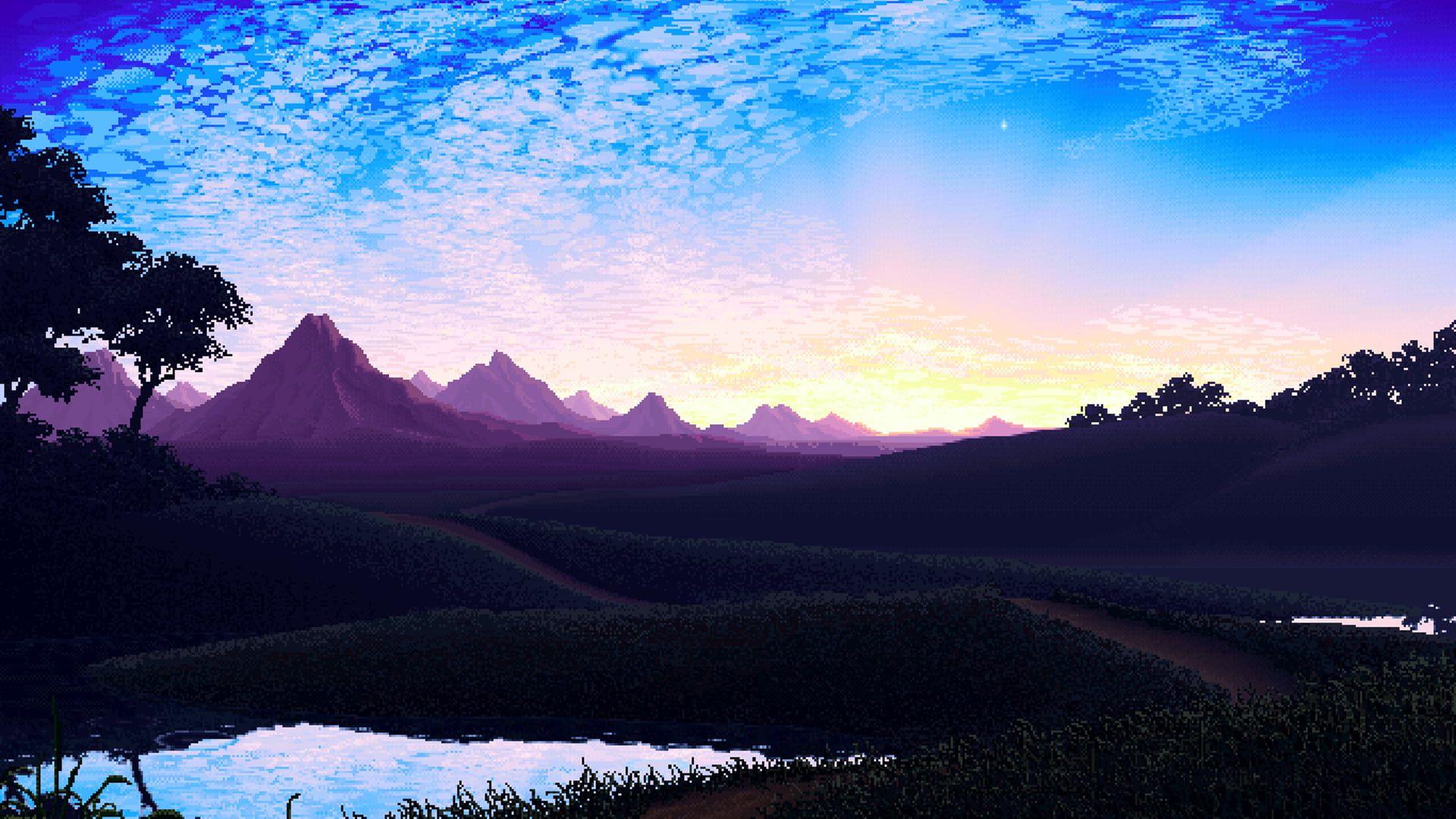 1920x1079 animated illustration of mountains #nature pixel art #pixels #mountains #calm #sky #artwork #landscape digital art #sunrise. Pixel art, Pixel sky, Pixel city