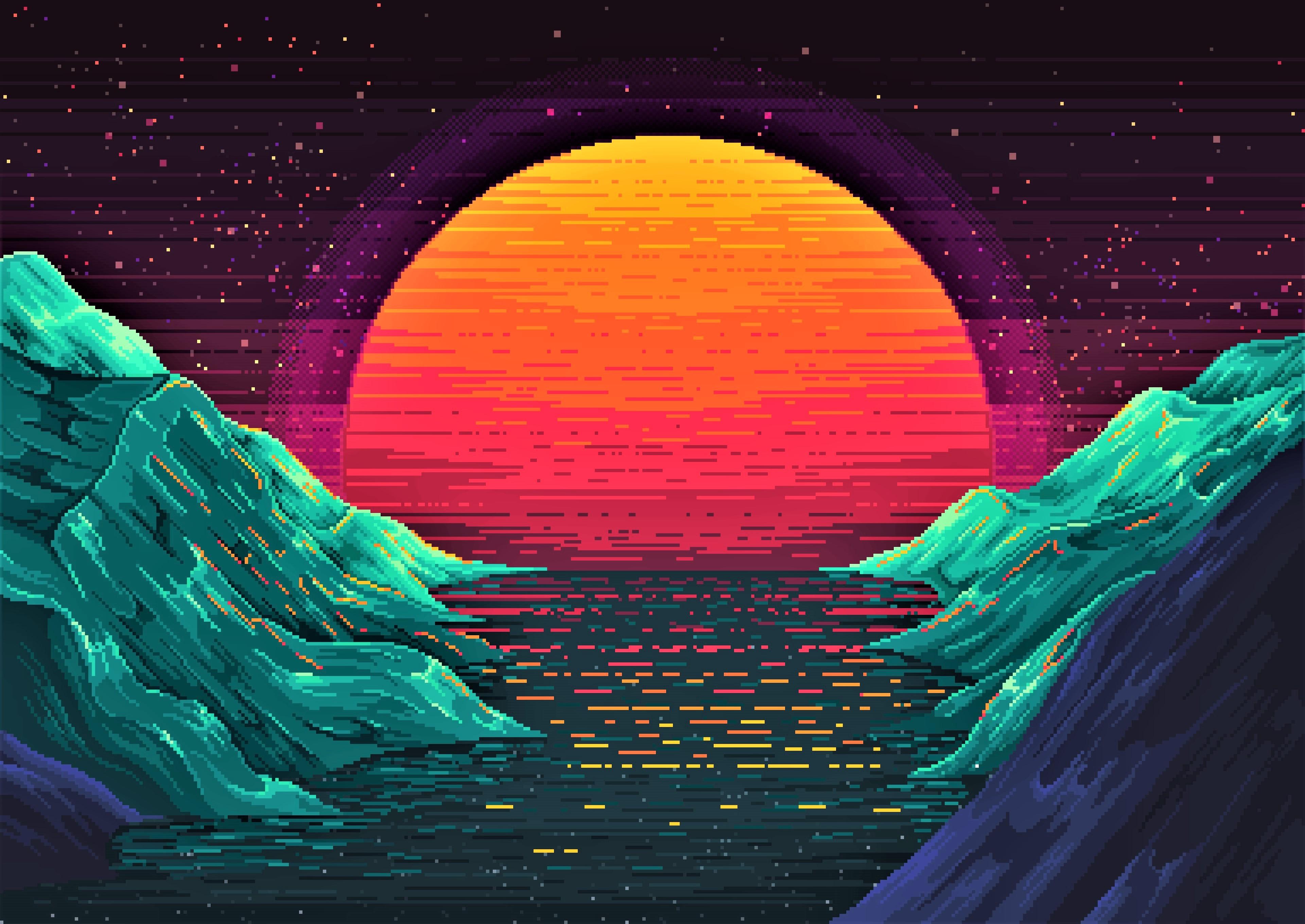 3840x2720 Sun, Artistic, Ocean, Retro Wave, Landscape, Pixel Art, Mountain wallpaper. Mocah HD Wallpaper