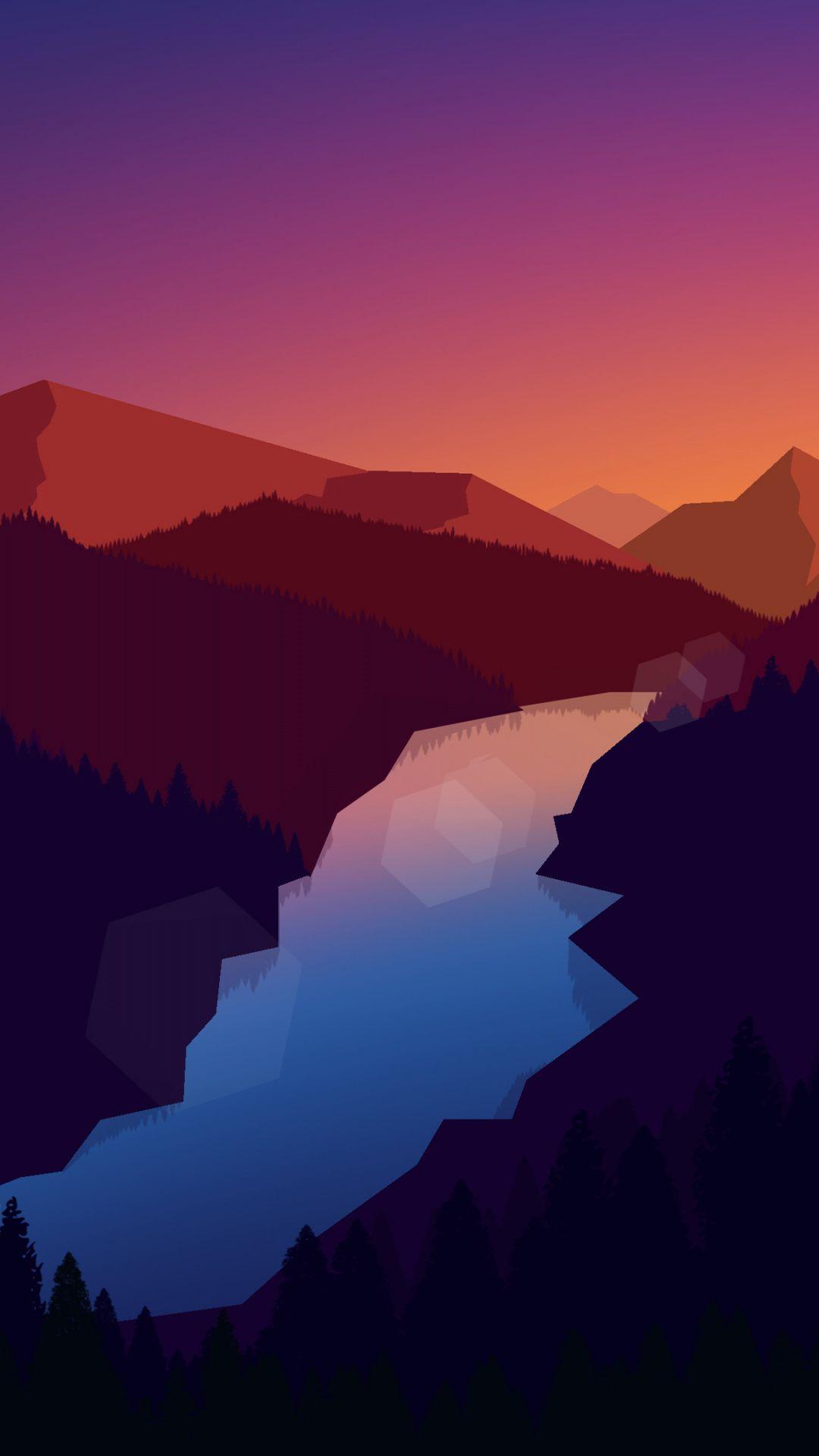 1080x1920 Mountains, horizon, sunset, river, art wallpaper. Art wallpaper, Minimal wallpaper, River wallpaper