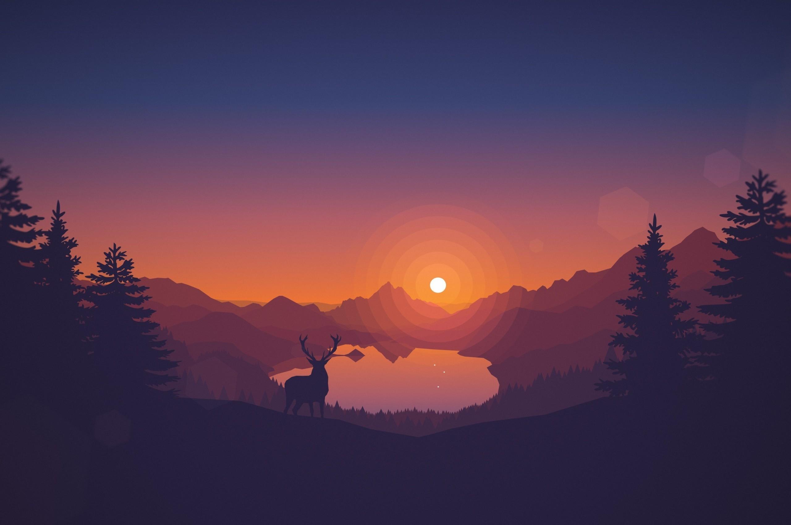 2560x1700 Download 2560x1700 Minimalism, Scenic, Toon Colors, Deer, Sun, Forest, Trees, Mountain Wallpaper for Chromebook Pixel