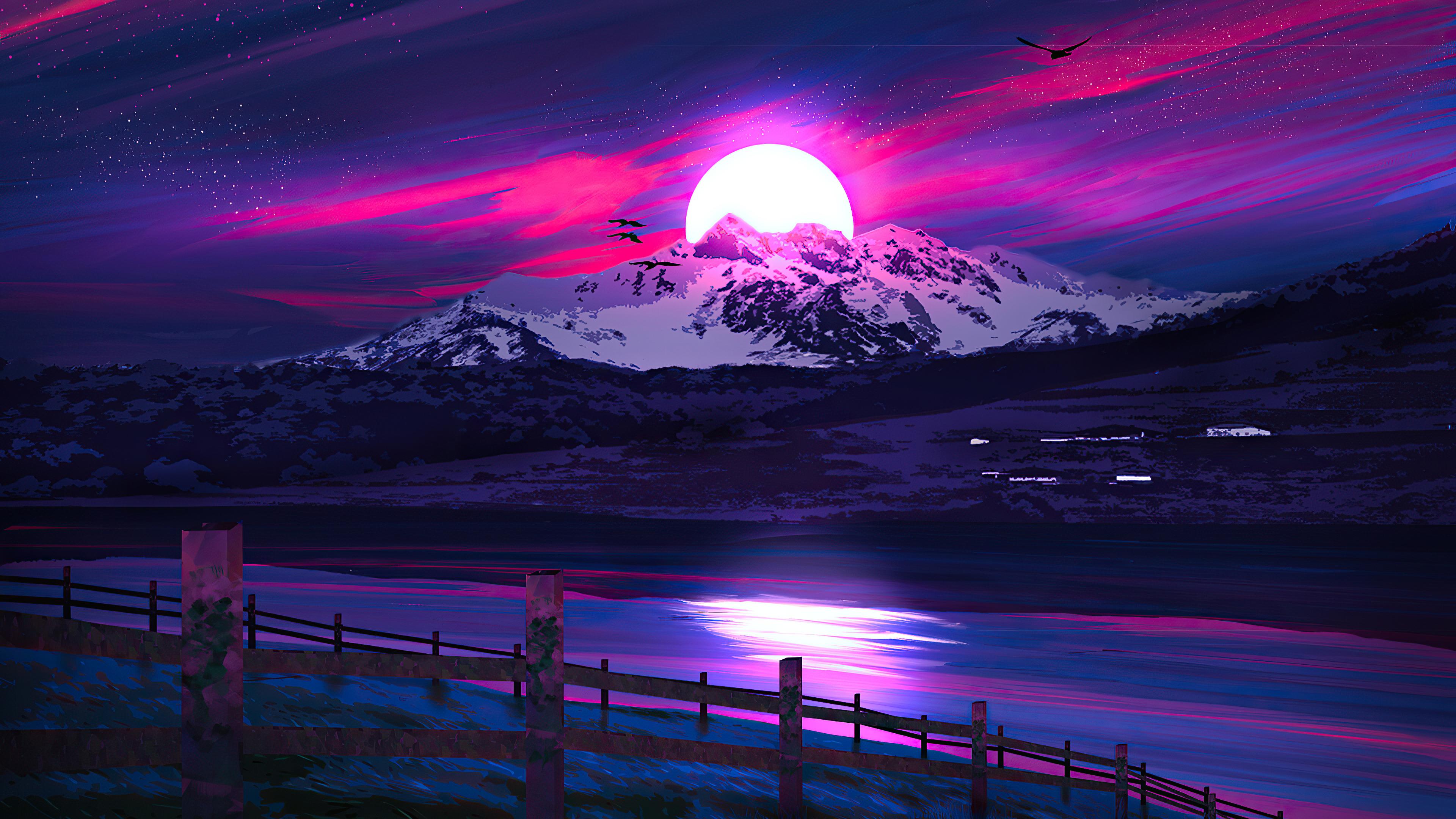 3840x2160 Dark Neon Mountain Wallpaper