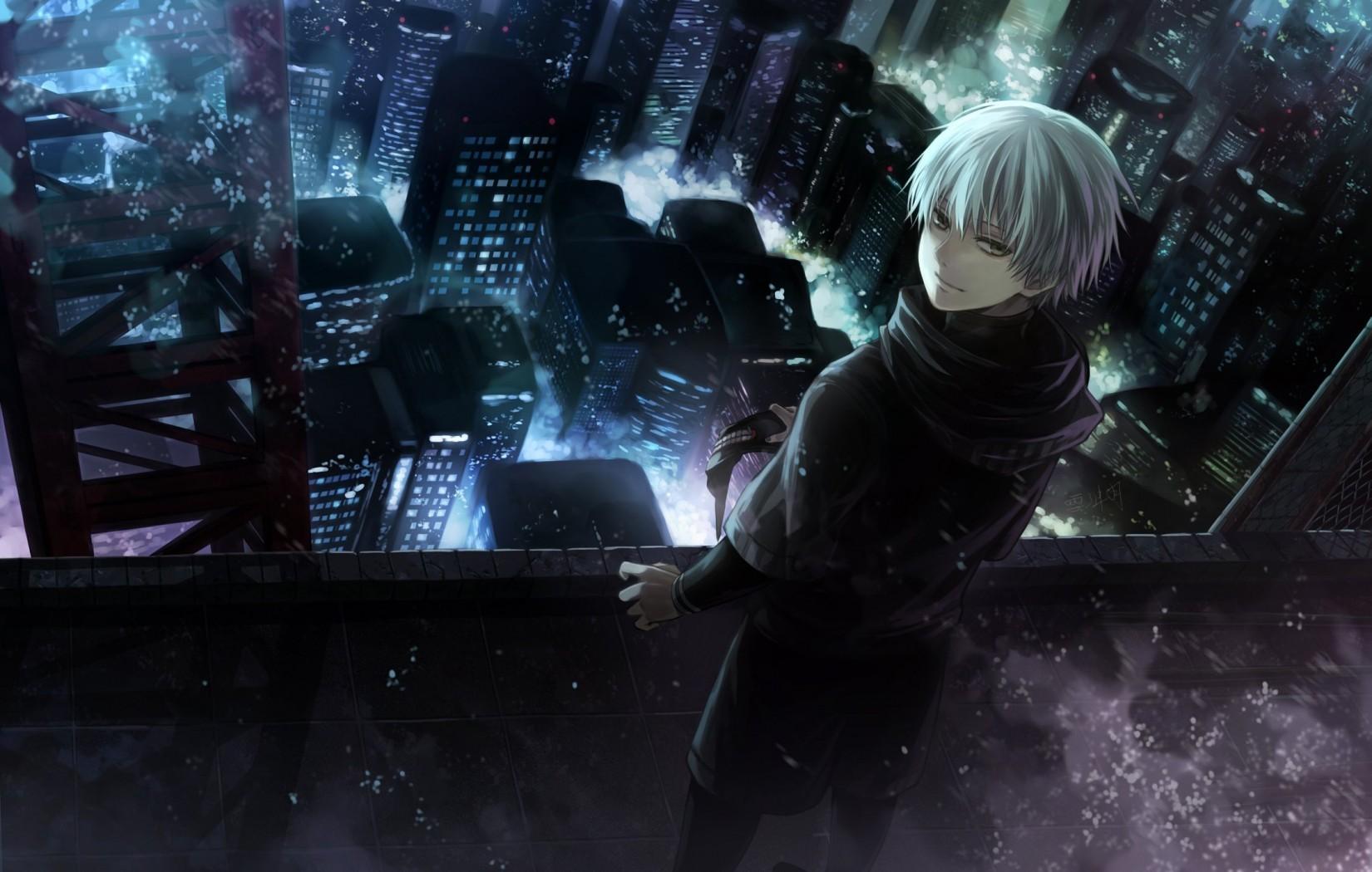 1650x1050 Download 1650x1050 Sasaki Haise, Kaneki Ken, Rooftop, Buildings, Cityscape, Tokyo Ghoul Wallpaper