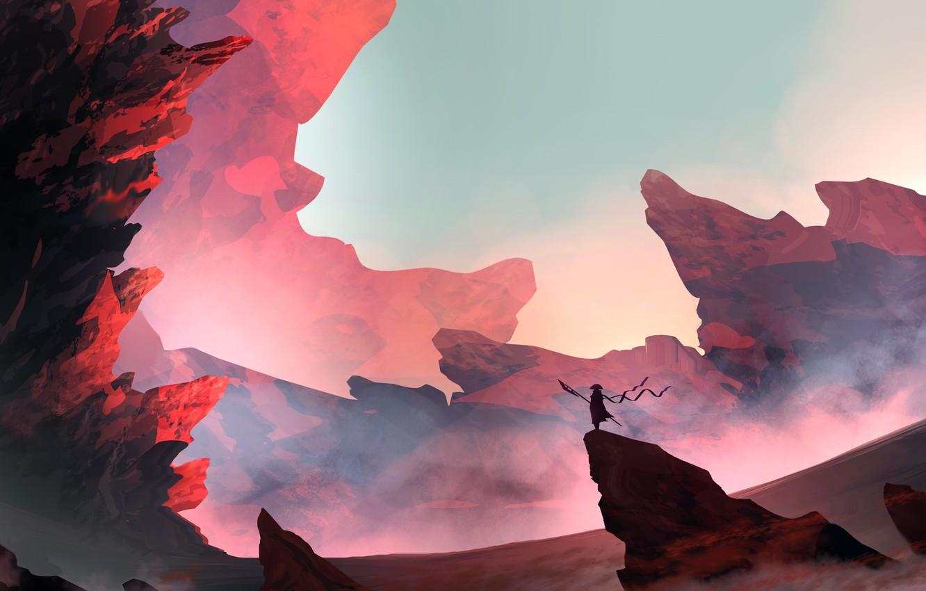 1332x850 Wallpaper Mountains, Figure, Rocks, Silhouette, Landscape, Art, Landscapes, Digital Art, Sunlight, TacoSauceNinja, by TacoSauceNinja, Sunlight - for desktop, section арт