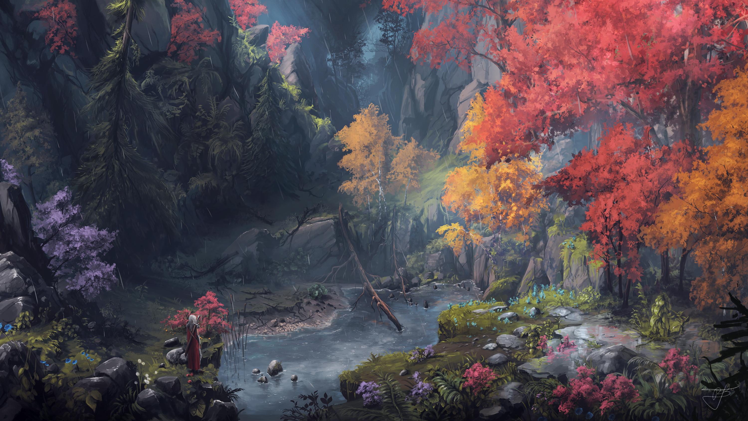 3000x1688 #artwork, #digital art, #fantasy art, #trees, #river, #nature, # landscape, wallpaper. Mocah HD Wallpaper