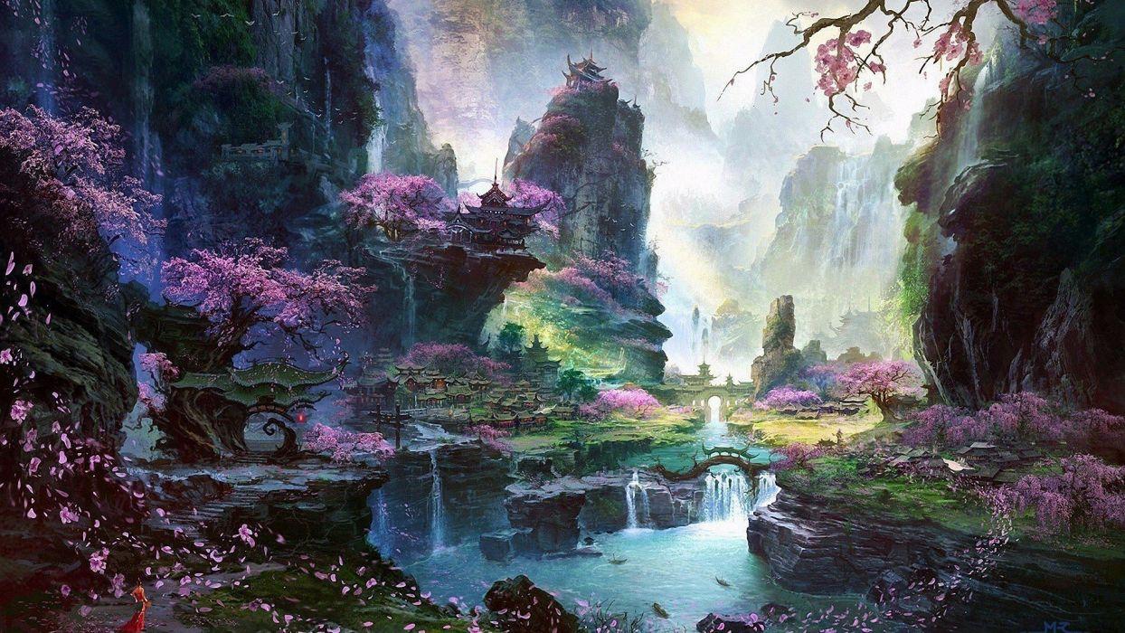 1244x700 Artwork bridge castle Cherry Blossom digital art dress fantasy Art Halo lake landscape wallpaperx1080