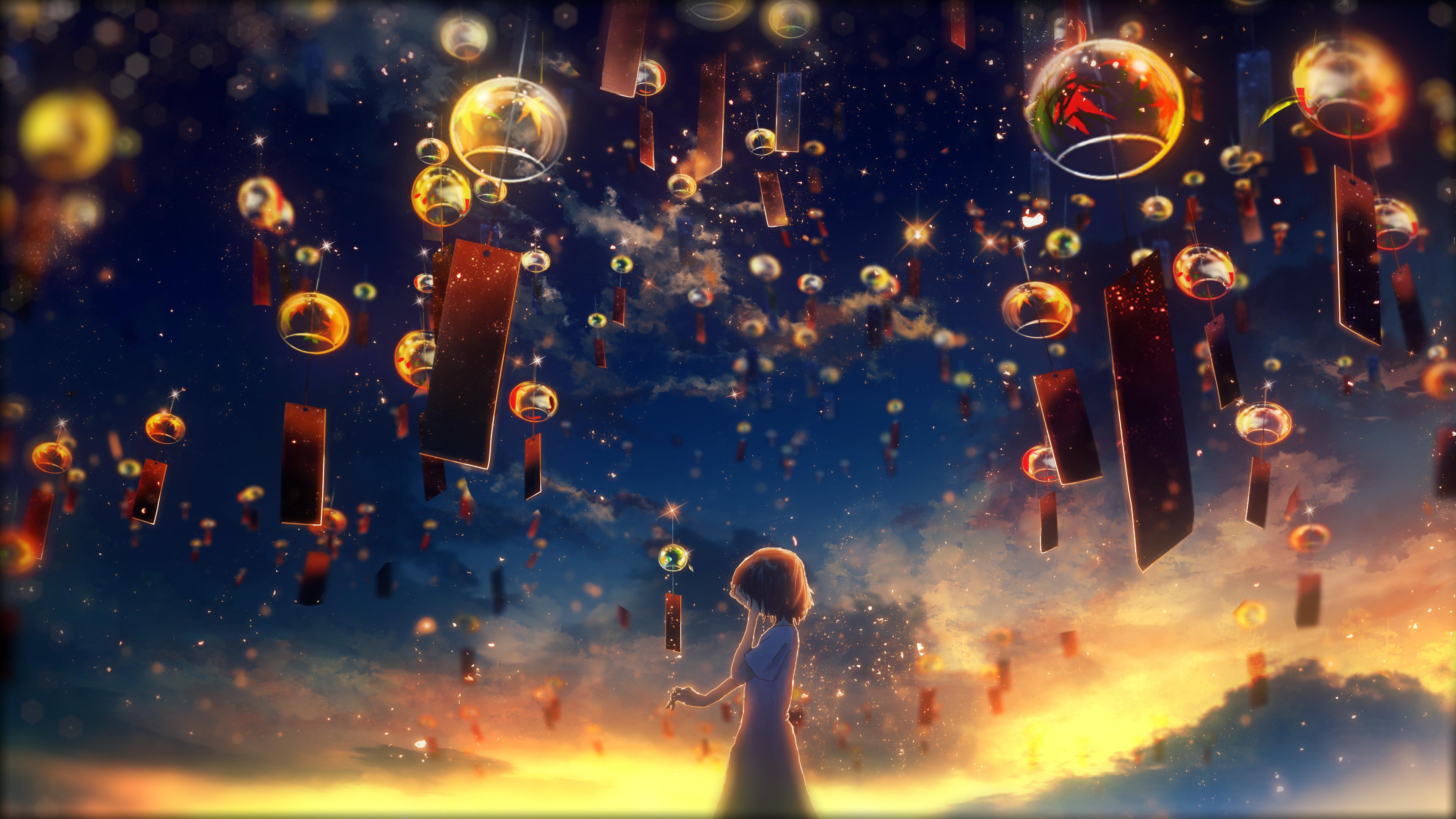 3840x2160 Anime, Girl, Crying, Sunset, Sky Lantern, 4K wallpaper. Mocah HD Wallpaper