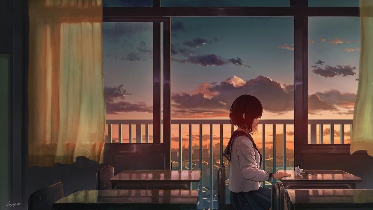 1280x720 Download 1280x720 Anime School Girl, Crying, Classroom, Clouds, Sunset, Scenic, Flower Wallpaper