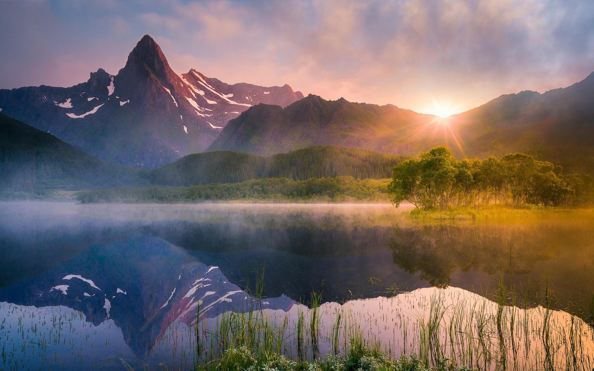 1920x1200 nature landscape lake sunrise reflection water summer mountain mist norway trees forest wildflowers wallpaper