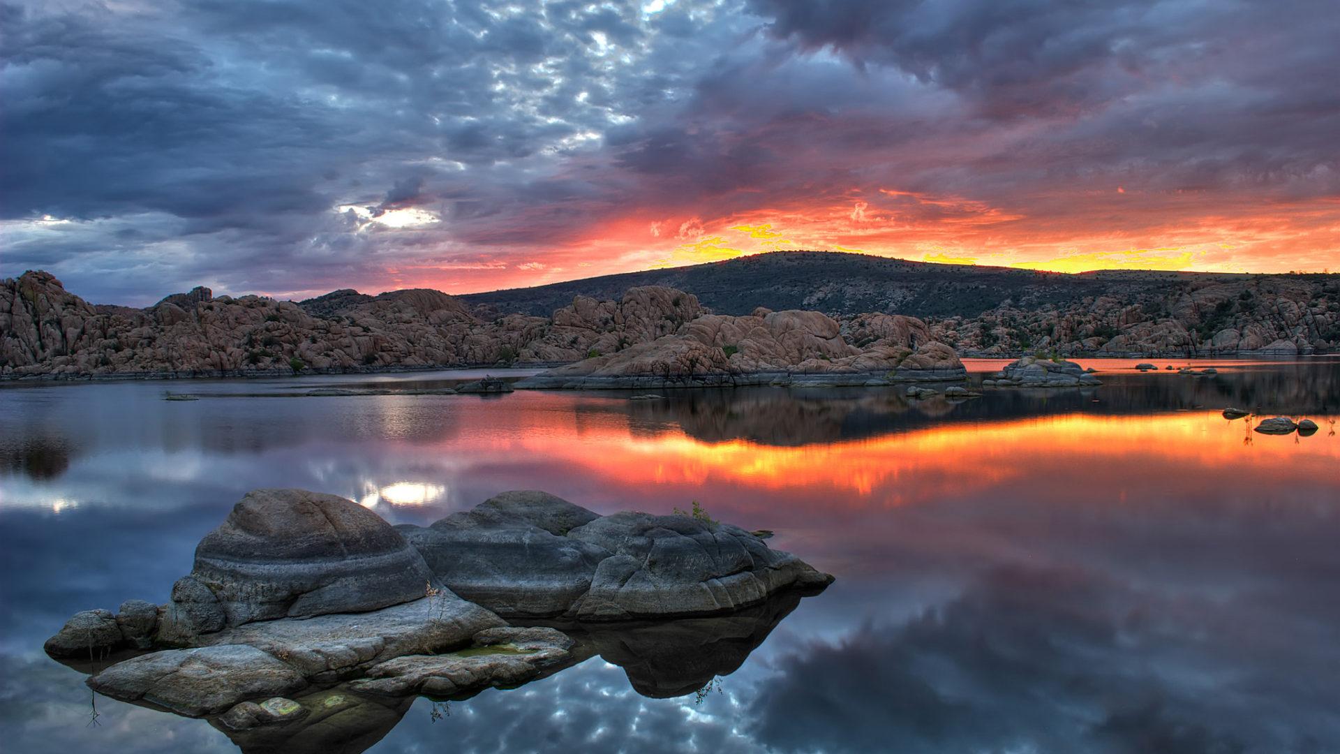 1920x1080 Prescott Arizona Usa Sunrise In Watson Clouds Reflection In Water Desktop HD Wallpaper For Tablets Mobile Phones And Computer 3840x2400 :