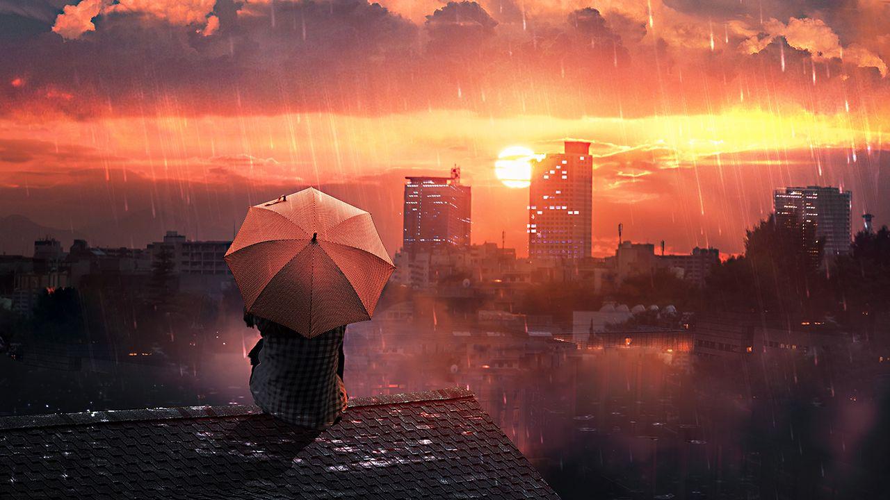 1280x720 Wallpaper roof, rain, umbrella, night, sky, solitude, loneliness hd, picture, image