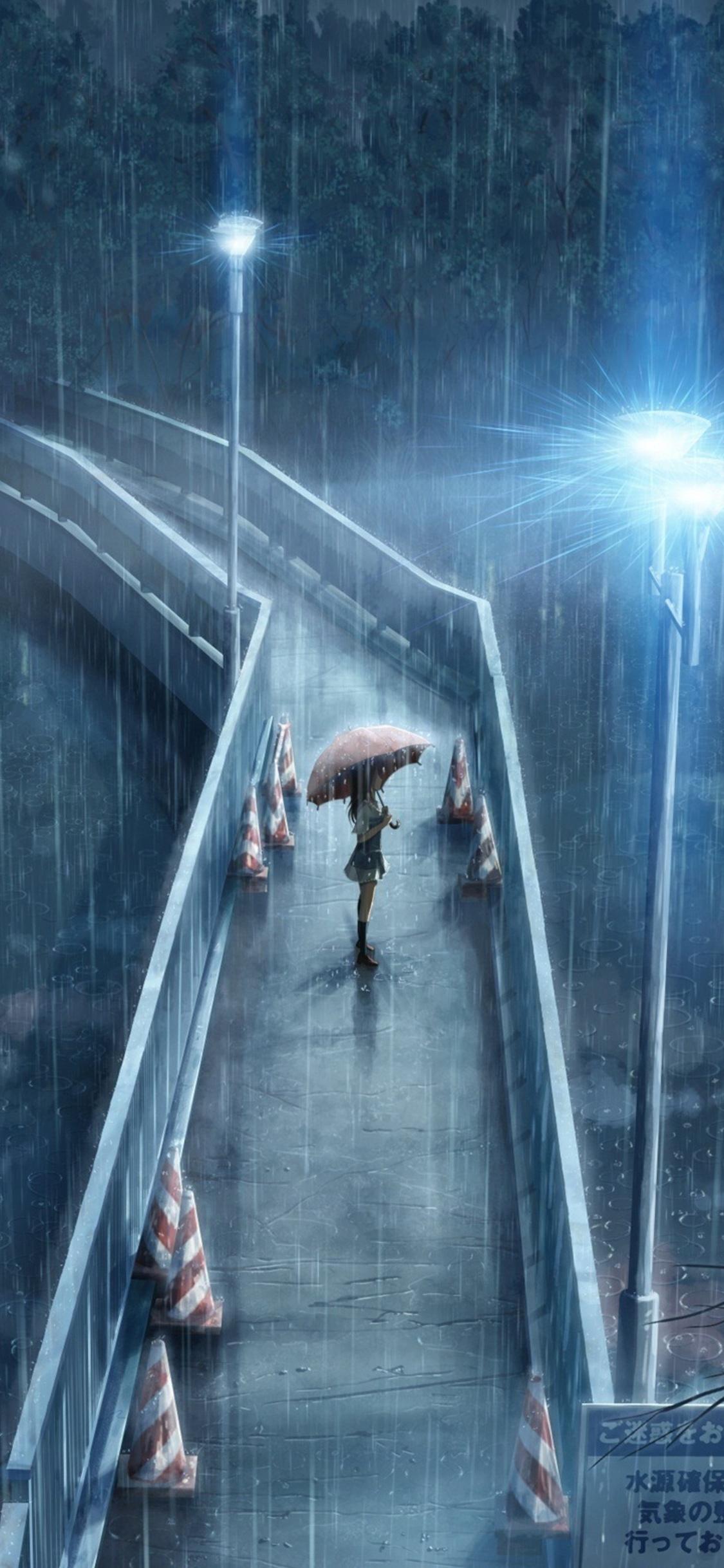 1125x2436 Anime Girl Standing In Rain With Umbrella 5k iPhone XS, iPhone iPhone X HD 4k Wallpaper, Image, Background, Photo and Picture