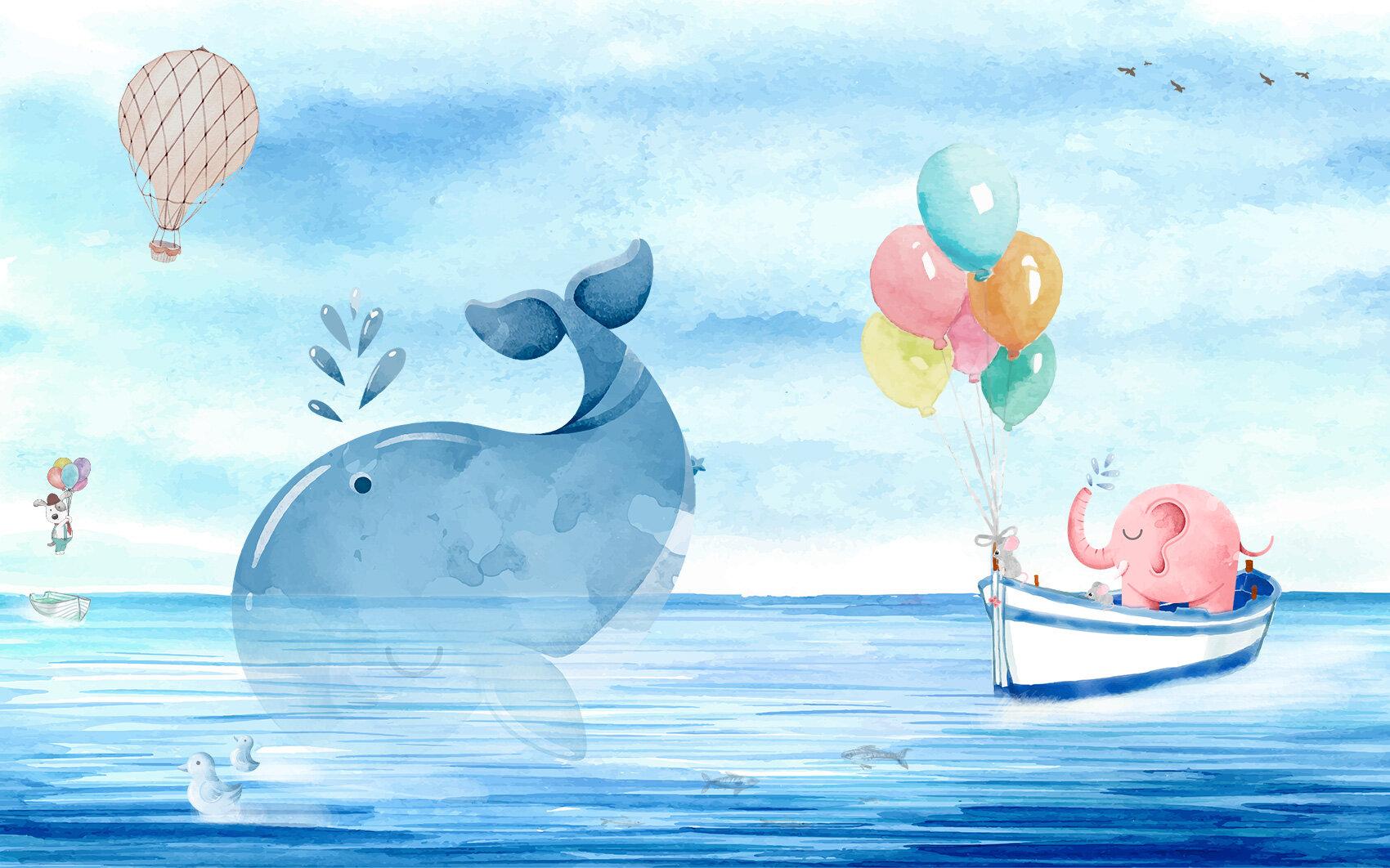 1700x1062 Isabelle & Max™ Rambler Cartoon Sea Pink Elephant with Cute Whale Wall Mural