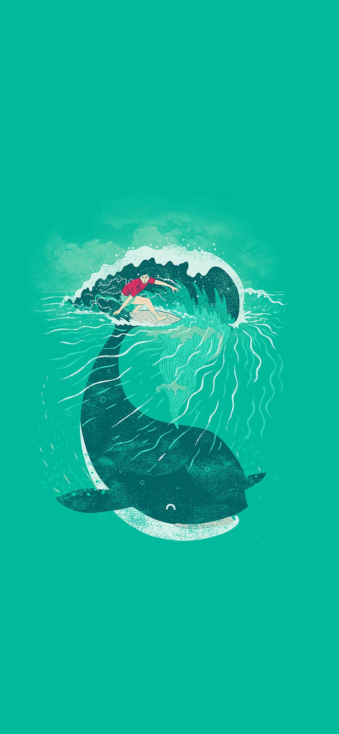 1125x2436 Whale Surfer Wave Animal Illust Art Sea Wallpaper