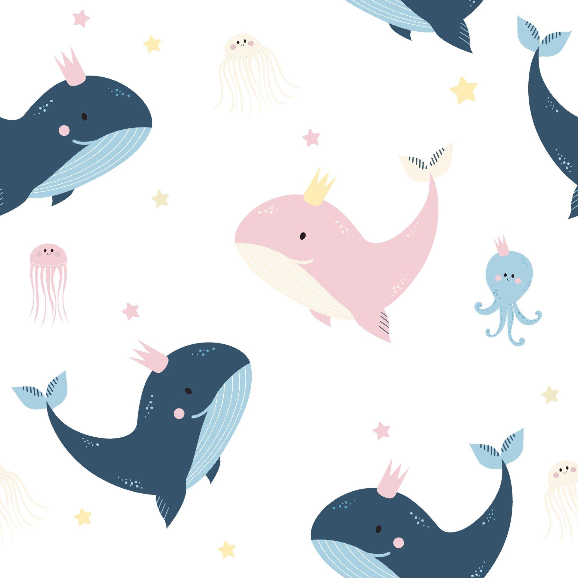 1920x1920 Seamless patterns with sea animals. Cute blue and pink whale, jellyfish and octopus on light background. Vector. For design, decoration, printing, textiles, packaging and wallpaper