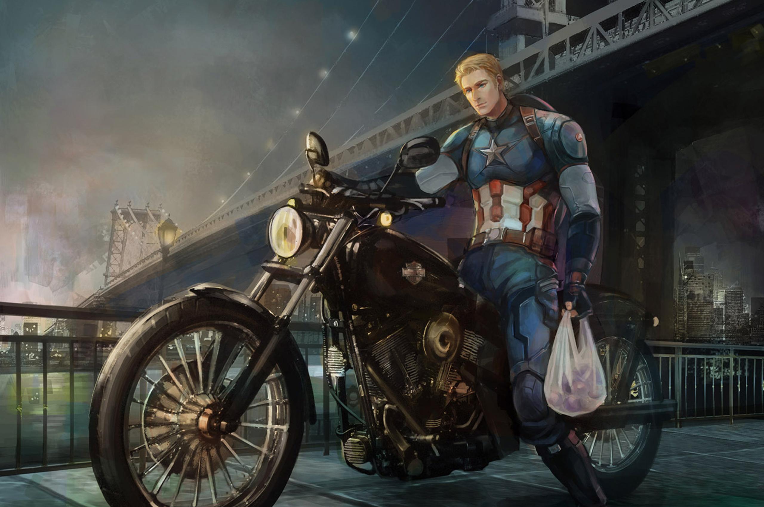 2560x1700 Captain America On Bike Back From Work Art Chromebook Pixel HD 4k Wallpaper, Image, Background, Photo and Picture