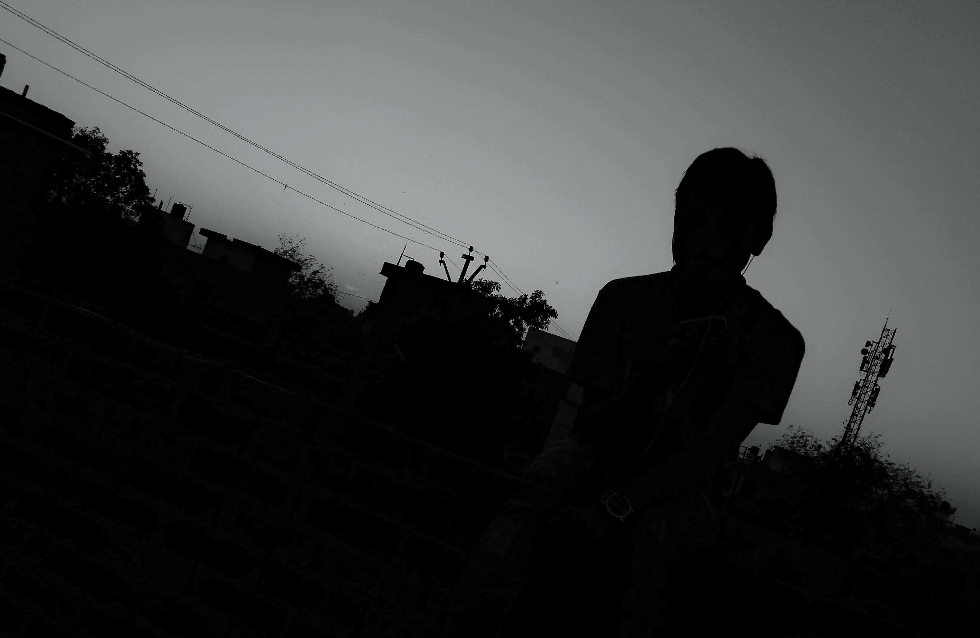 3840x2501 alone, black and white, boy, dark, sad, tower 4k wallpaper HD Wallpaper