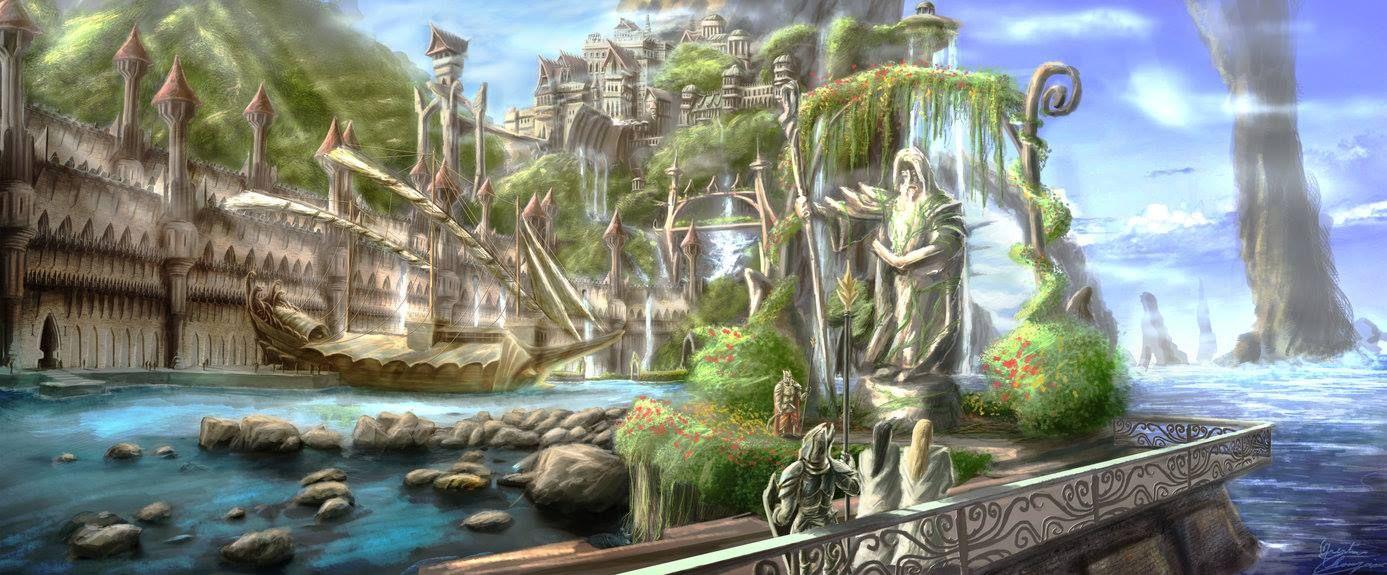 1387x575 The Elven city of Alqualondë, in land of Valinor between, ocean and Pelori mountain by MrSvein8. Digital art fantasy landscape, Elven city, Fantasy art landscapes