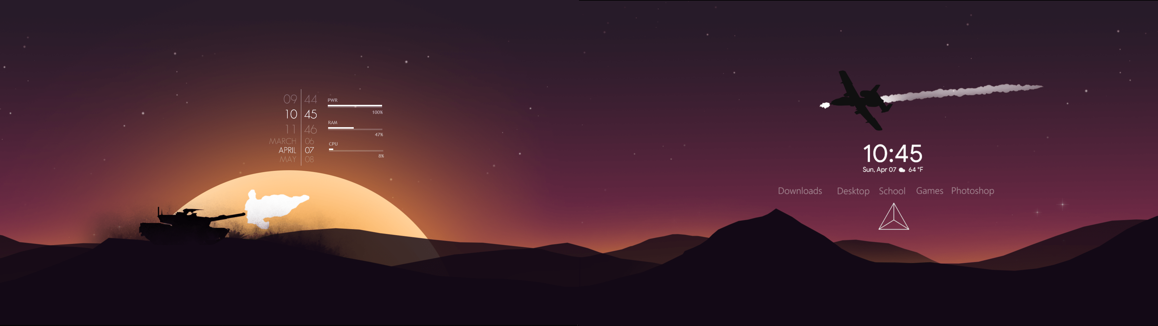 3840x1082 Dual Monitor setup with a Custom Wallpaper + Lines 2. Color Flow, PulseWeb, Simple Clock and custom Wordy Launcher and Fountain of Colors when audio is on: Rainmeter