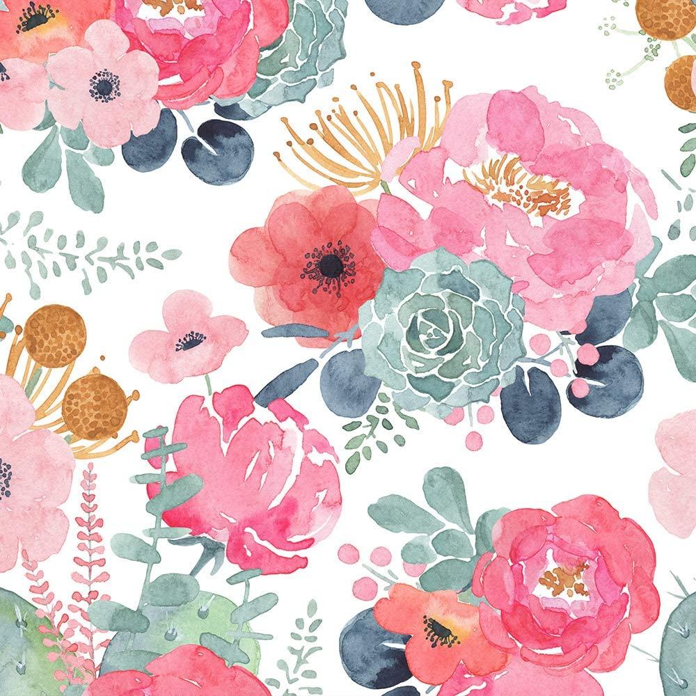 1000x1000 HaokHome 93005 2 Floral Wallpaper Peel And Stick Watercolor Cactus White Pink Green Navy Blue Vinyl Self Adhesive Prepasted Decorative 17.7in X 9.8ft