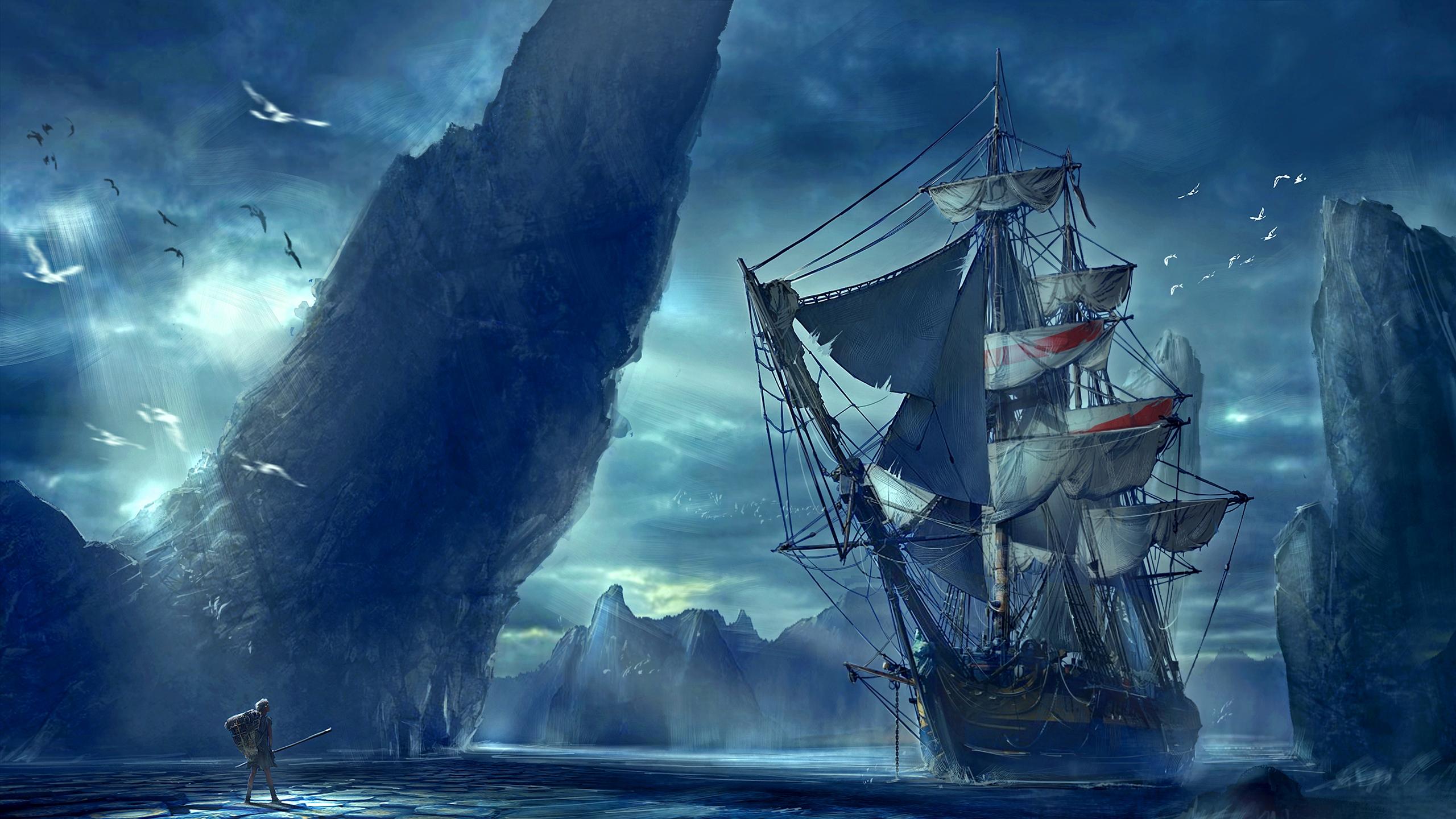 2560x1440 dark, fantasy, explorer, ocean, ship, arctic wallpaper