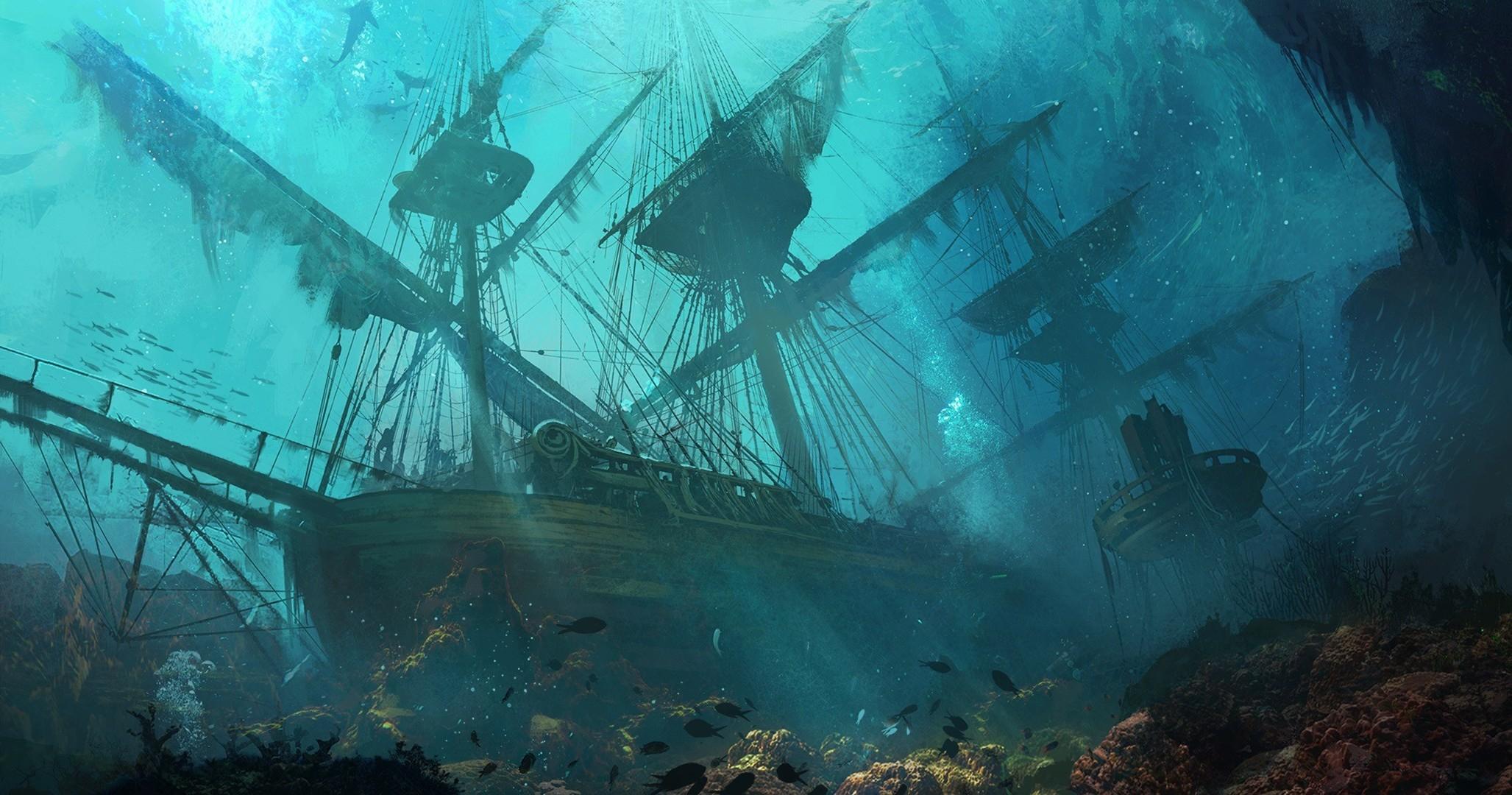 2055x1080 sinking Ships, Ship, Drawing, Sea, Fantasy Art Wallpaper HD / Desktop and Mobile Background