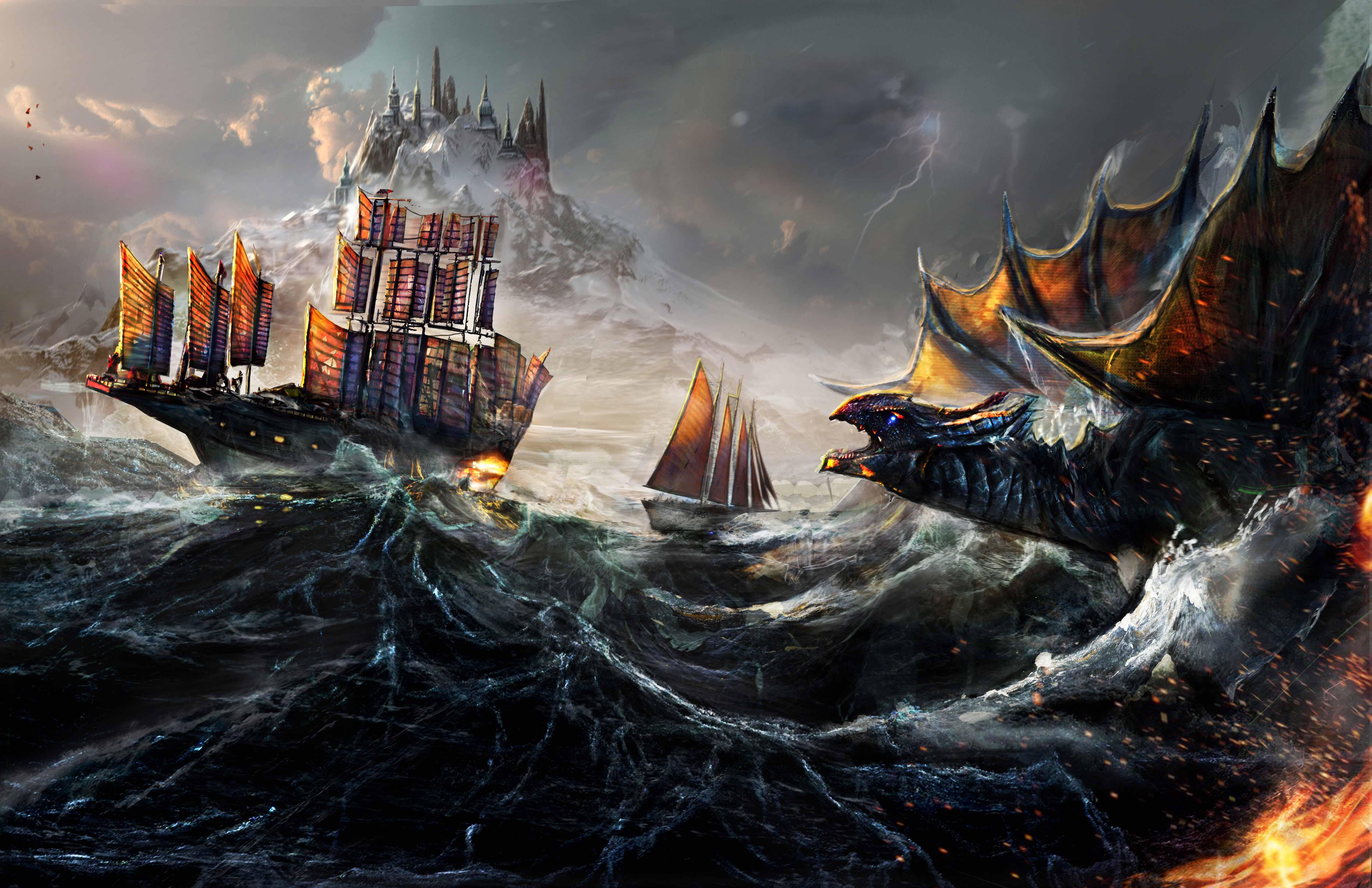 5100x3300 Dragon Fight Ocean Ship Painting 5k, HD Artist, 4k Wallpaper, Image, Background, Photo and Picture