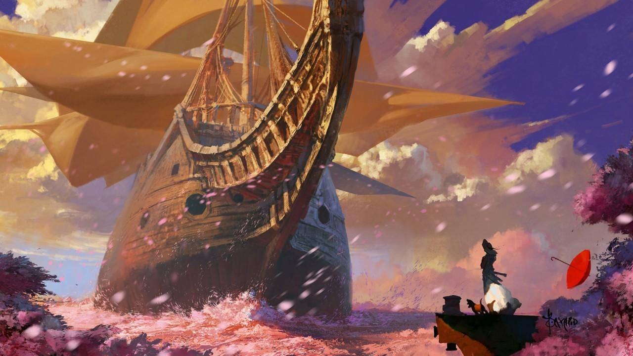 1280x720 Download 1280x720 Fantasy Landscape, Big Ship, Girl, Clouds, Ocean, Trees, Artwork Wallpaper