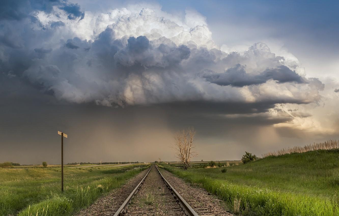1332x850 Wallpaper grass, sky, field, landscape, nature, clouds, Railway, overcast image for desktop, section природа