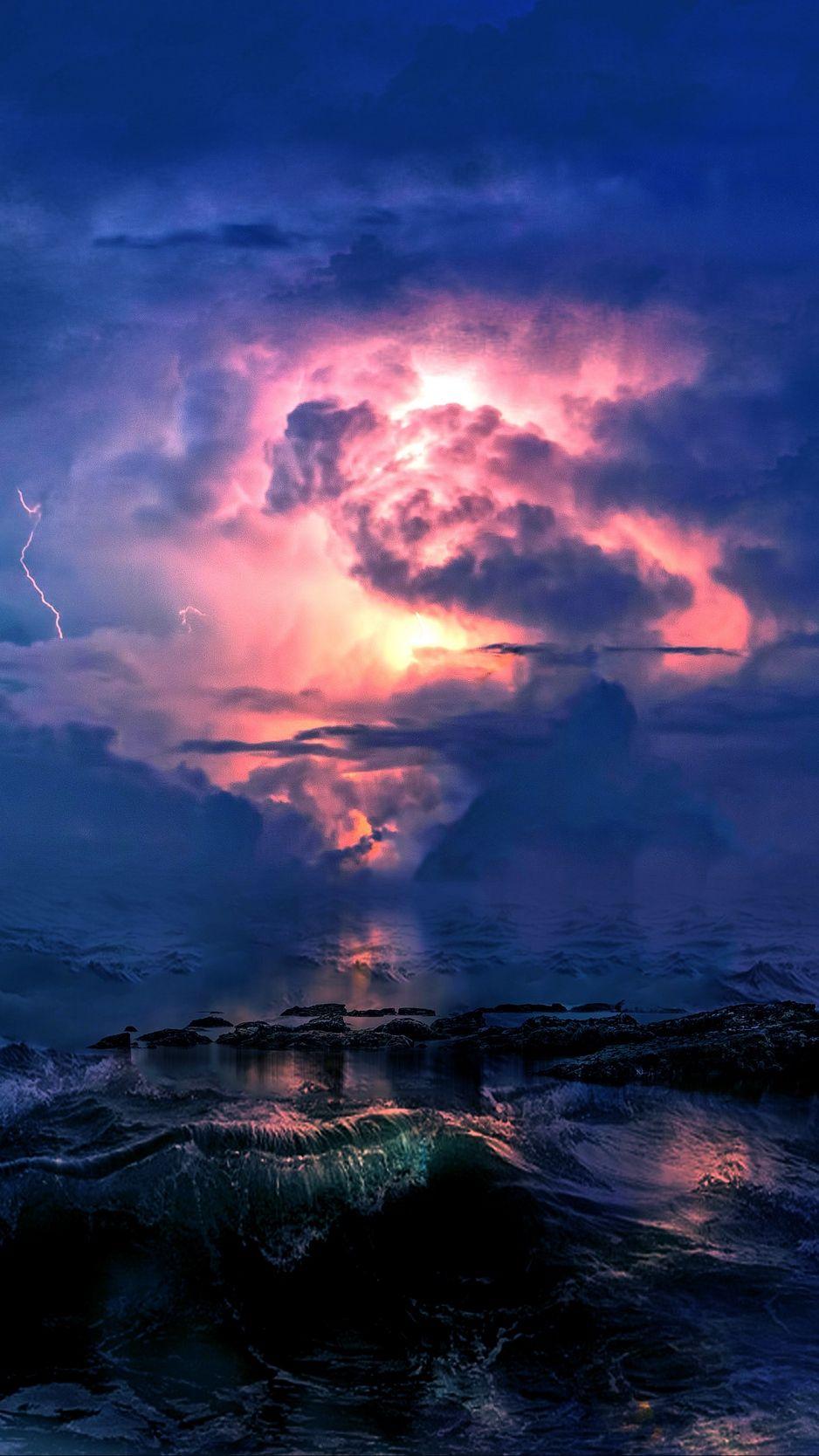 938x1668 Storm, sea, clouds, lightning, waves, overcast wallpaper. Cool background, Clouds, Pretty wallpaper