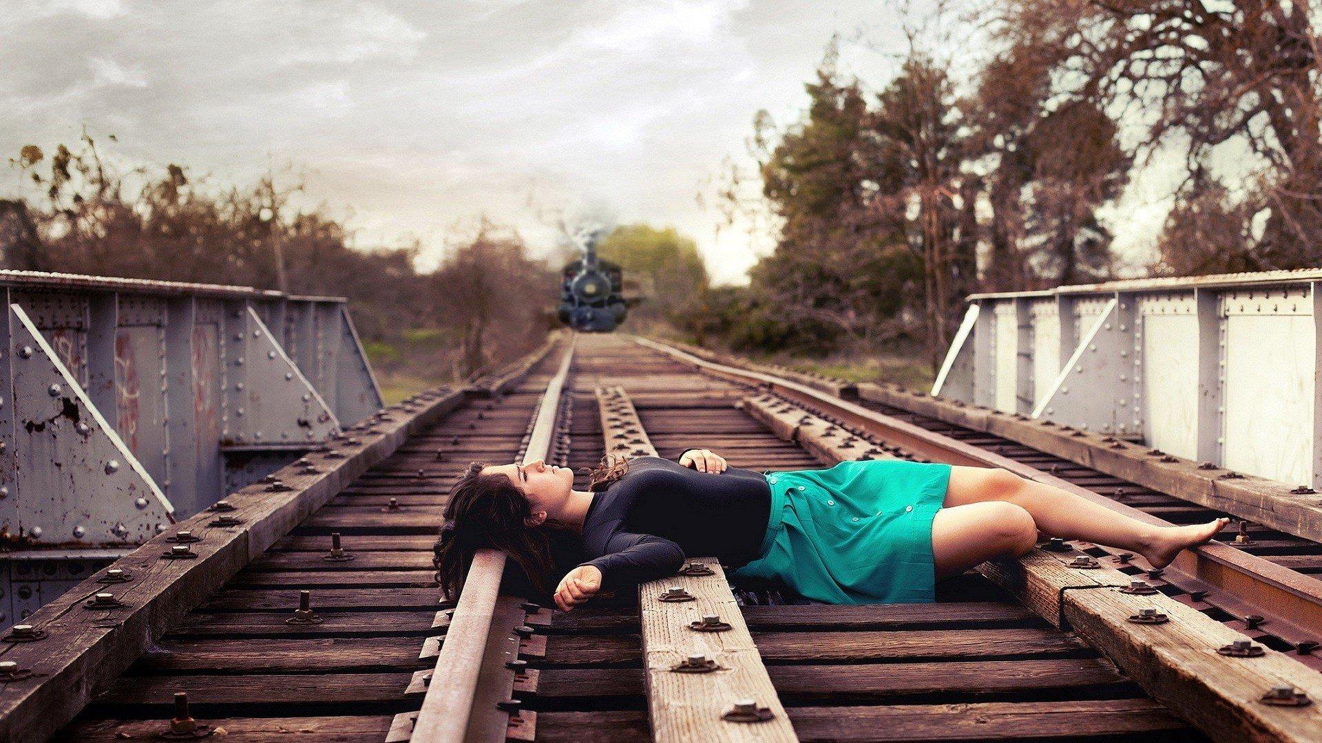 1920x1080 women, Model, Brunette, Long hair, Women outdoors, Skirt, Barefoot, Railway, Steam locomotive, Suicide, Trees, Train, Bridge, Photohopped HD Wallpaper / Desktop and Mobile Image & Photo