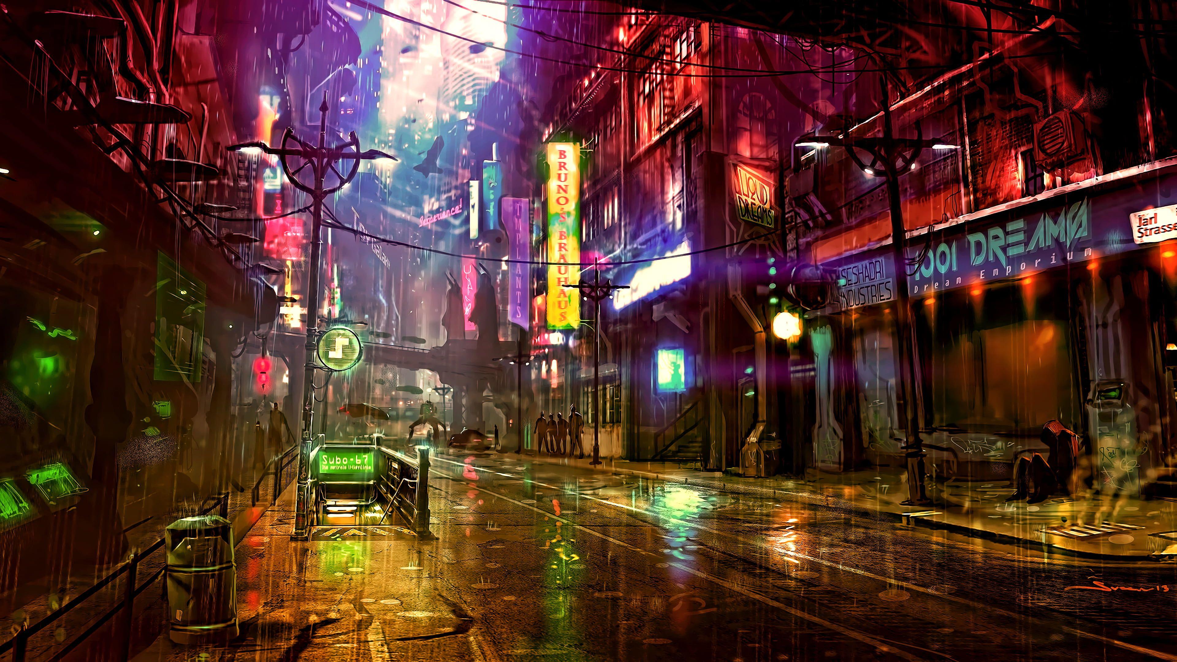 3840x2160 digital wallpaper of city street, city view during nighttime #night #artwork futuristic city #cyberpunk #cyber. Futuristic city, City wallpaper, Digital wallpaper
